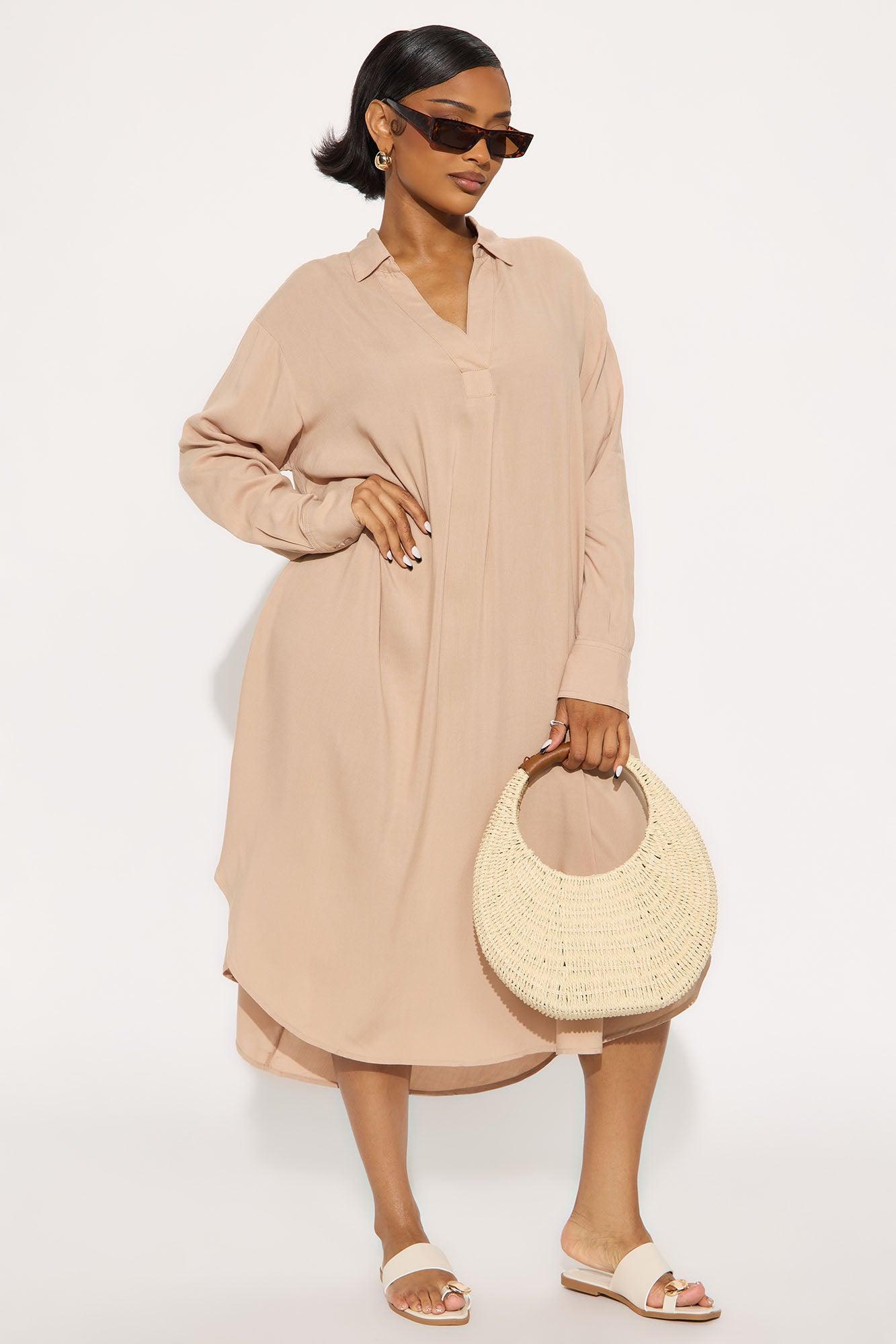 Beach Stroll Long Sleeve Shirt Midi Dress - Mocha Female Product Image