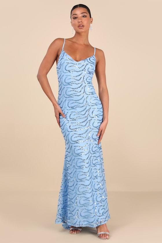 Mesmerizing Demeanor Blue Sequin Backless Mermaid Maxi Dress Product Image