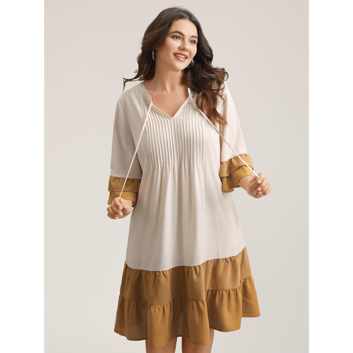 Plus Size Color Block Neck-Tie Tiered Midi Dress Multicolor Women Casual Tucked seam Notched collar Elbow-length sleeve Curvy BloomChic 14-16/1X Product Image