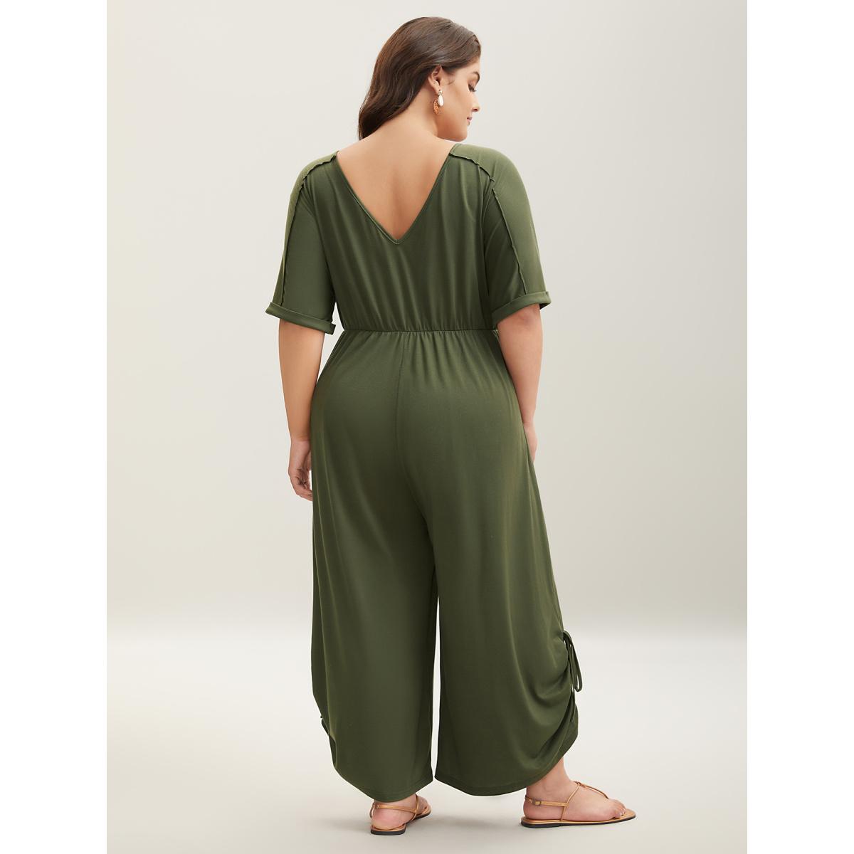 Plus Size ArmyGreen Tie-Up Hem Pull-Over Stretch Jumpsuit Women Short sleeve V-neck Vacation Loose Jumpsuits BloomChic 18-20/2X Product Image