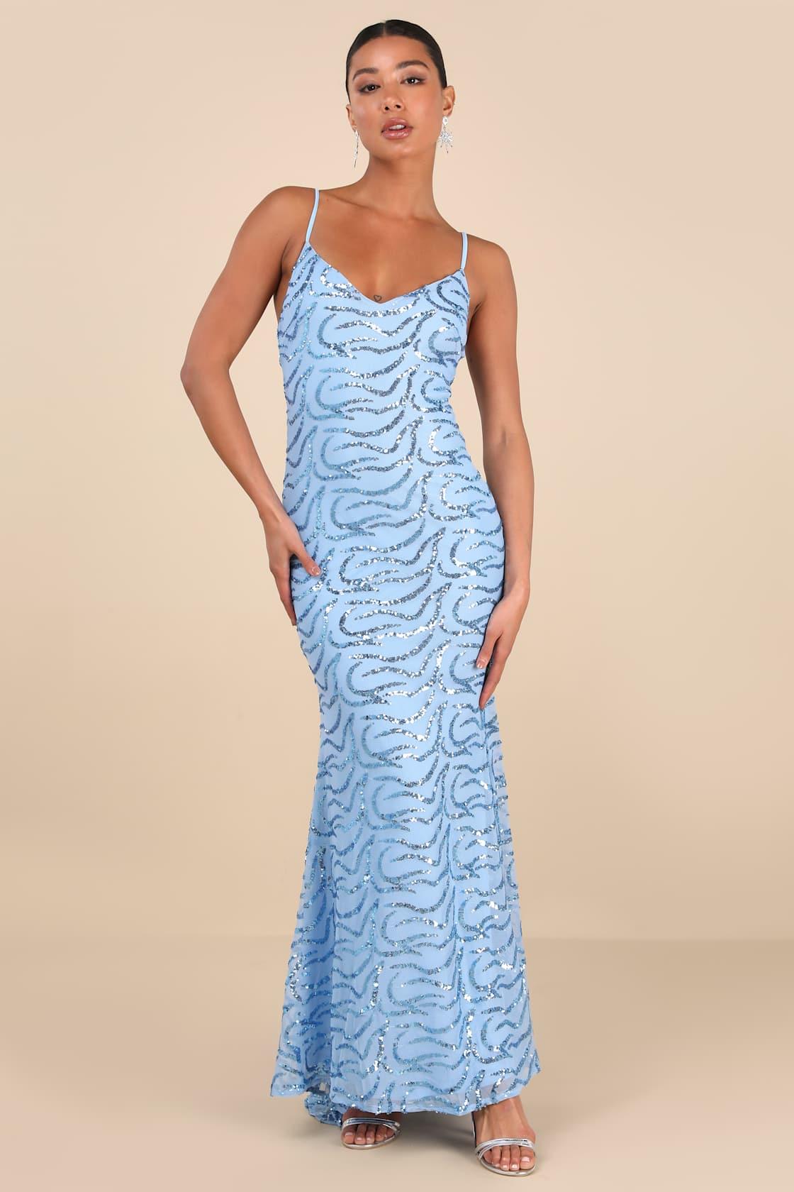 Mesmerizing Demeanor Blue Sequin Backless Mermaid Maxi Dress Product Image