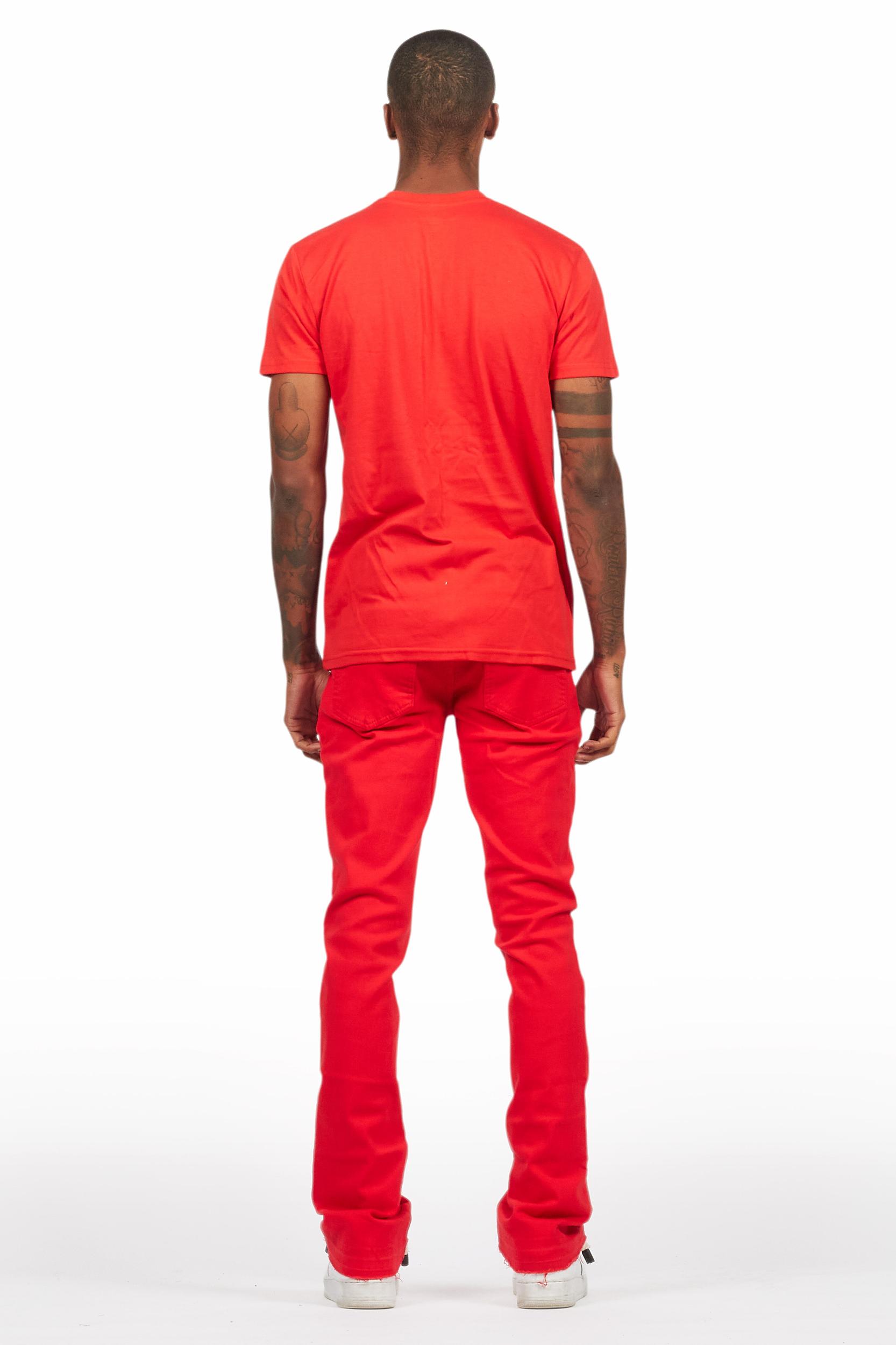 Sana Red T-Shirt/Dag Stacked Flare Jean Set Male Product Image
