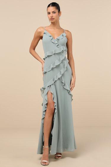 Fancy Sweetness Sage Green Ruffled Lace-Up Sleeveless Maxi Dress Product Image