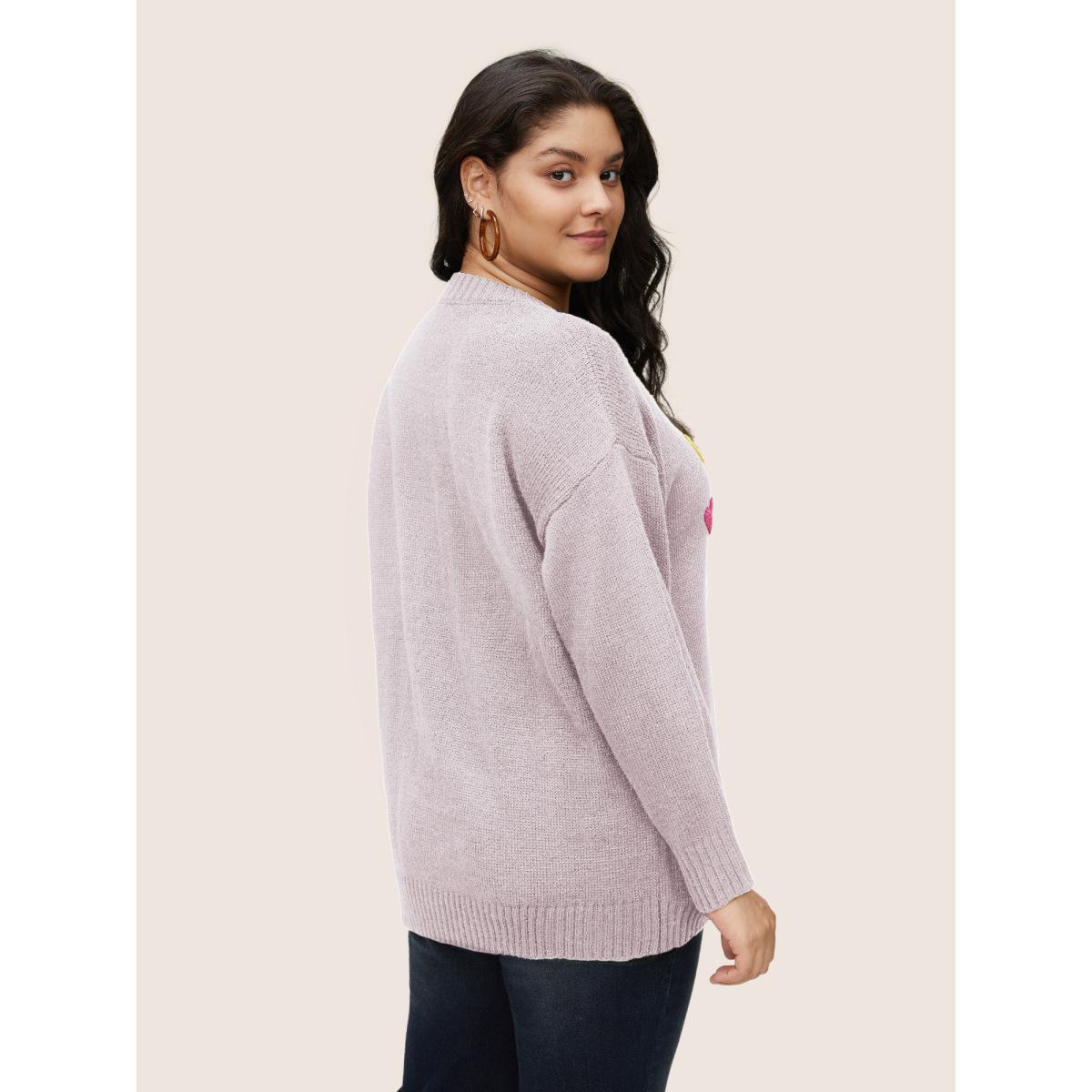 Plus Size Heart Towel Embroidered Crew Neck Pullover Lilac Women Casual Loose Long Sleeve Round Neck Dailywear Pullovers BloomChic 14-16/1X Product Image