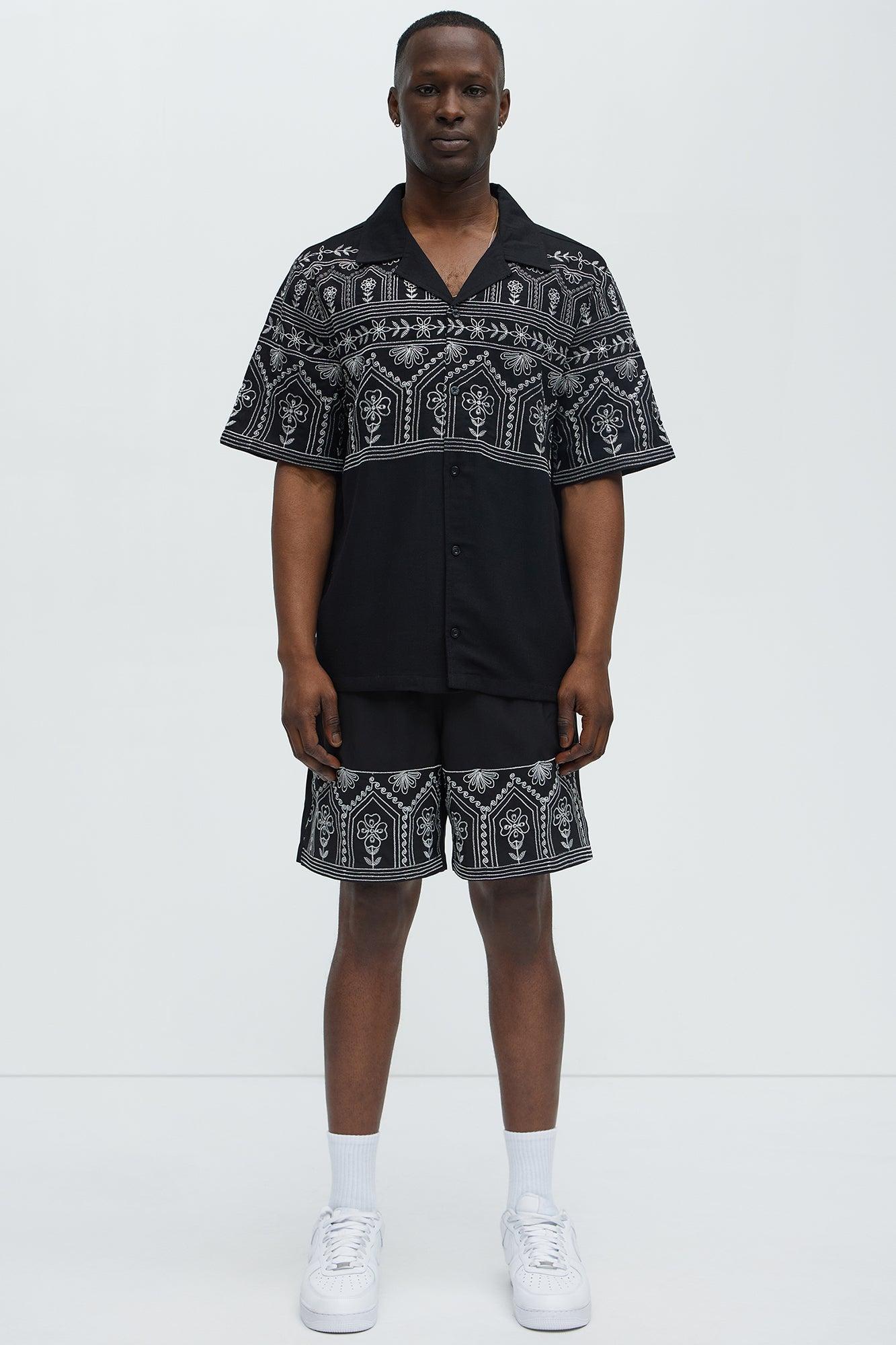 Embroidered Floral Cuban Collar Button Up Shirt - Black/combo Male Product Image