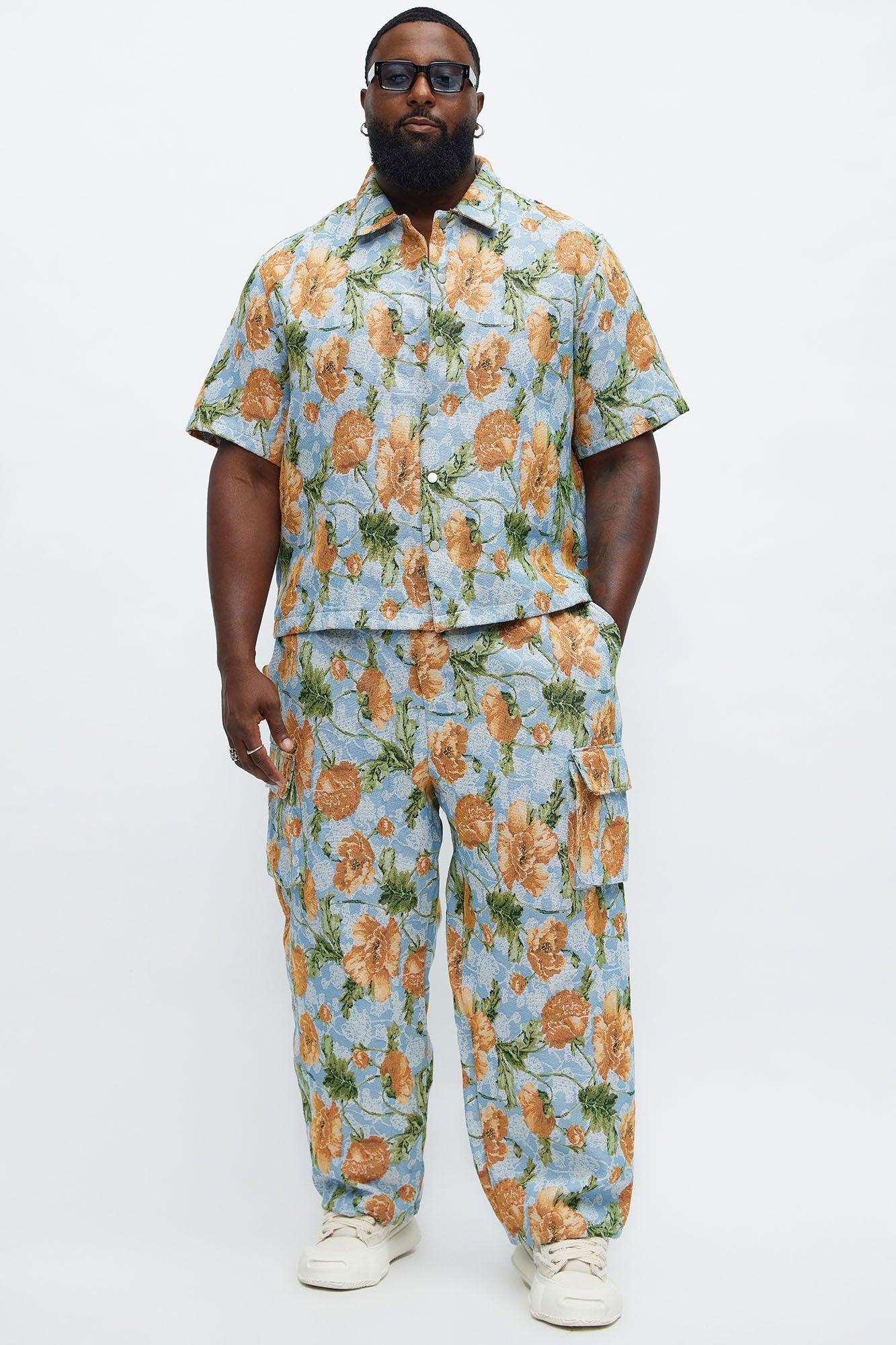 Rose Buds Tapestry Closed Collar Button Up Shirt - Blue/combo Product Image