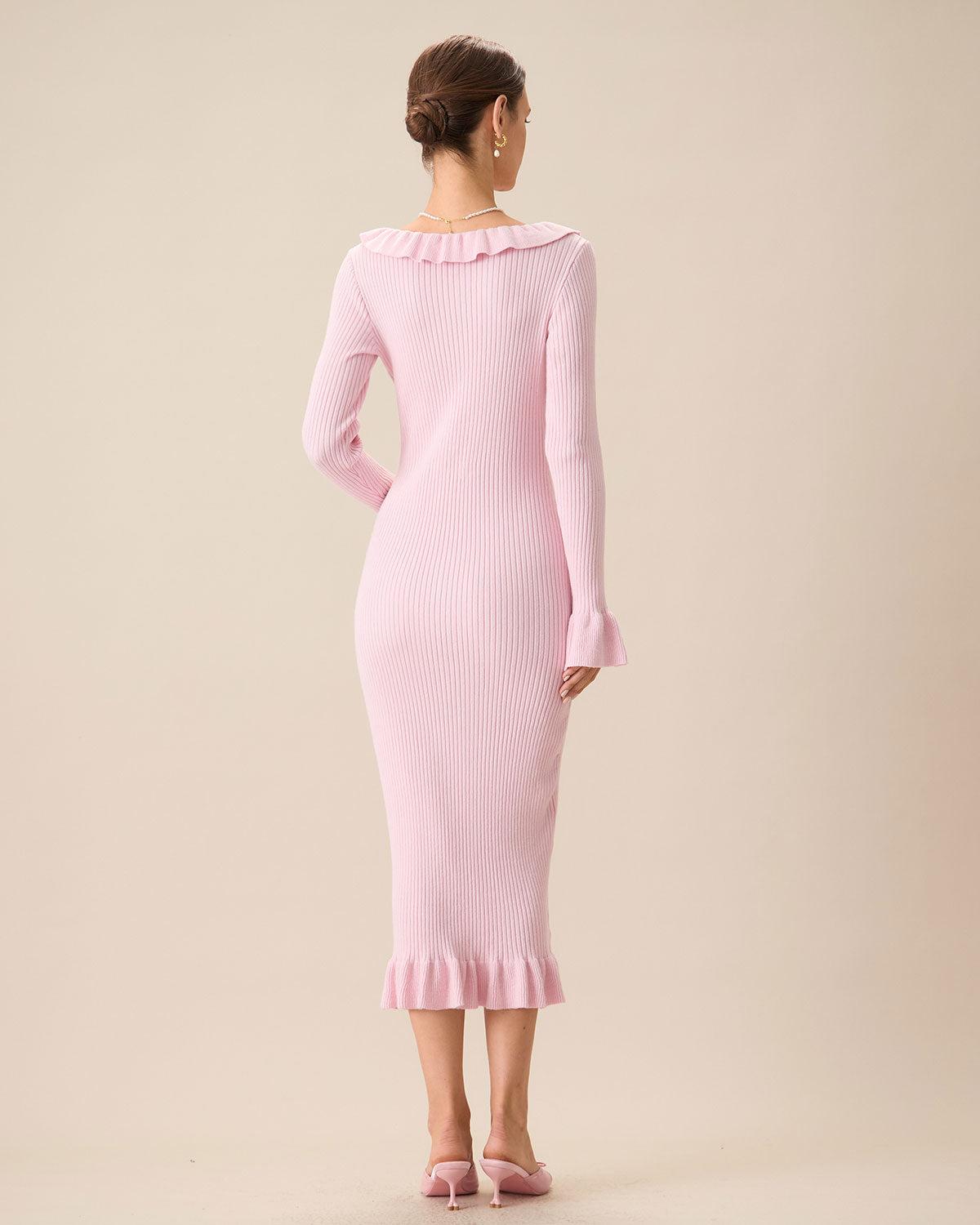 Women's Pink U-Neck Ruffle Bodycon Sweater Dress Female Product Image