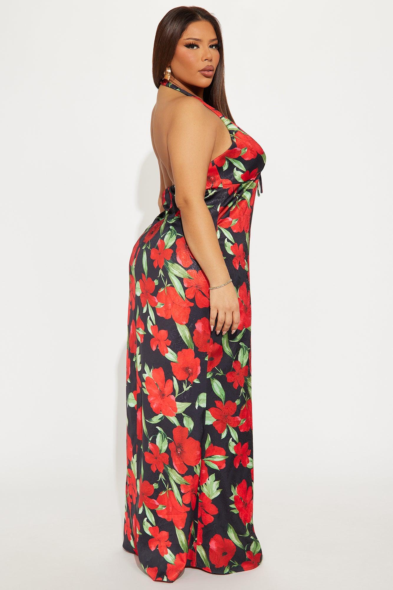Tia Satin Floral Maxi Dress - Red/combo Product Image
