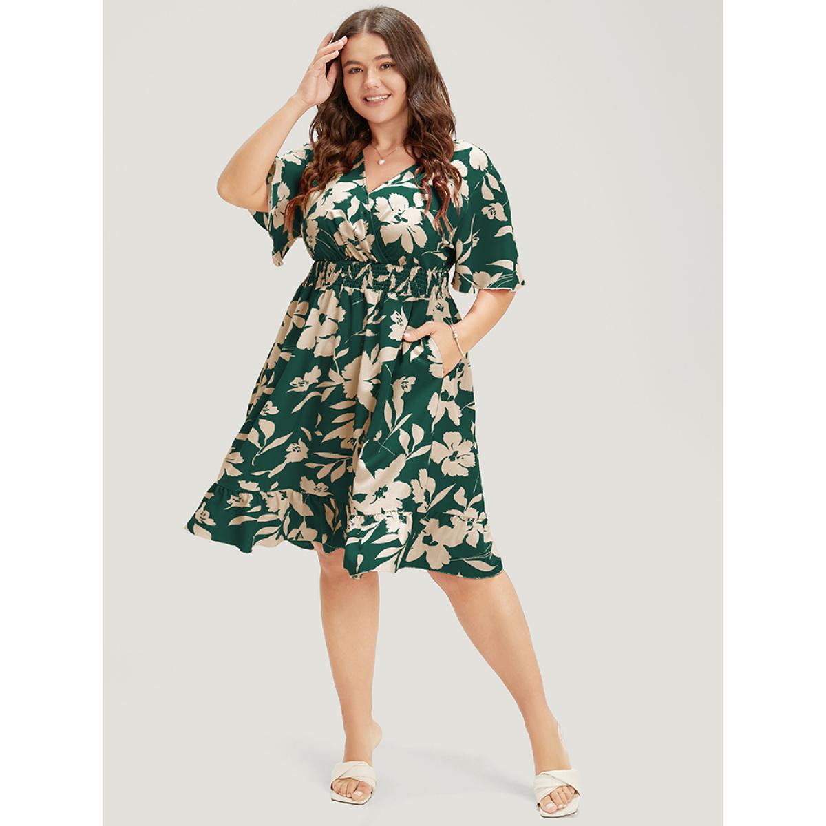 Plus Size Floral Surplice Neck Flutter Pocket Shirred Knee Dress DarkGreen Women Elegant Pocket V-neck Short sleeve Curvy Knee Dress BloomChic 14-16/1X Product Image