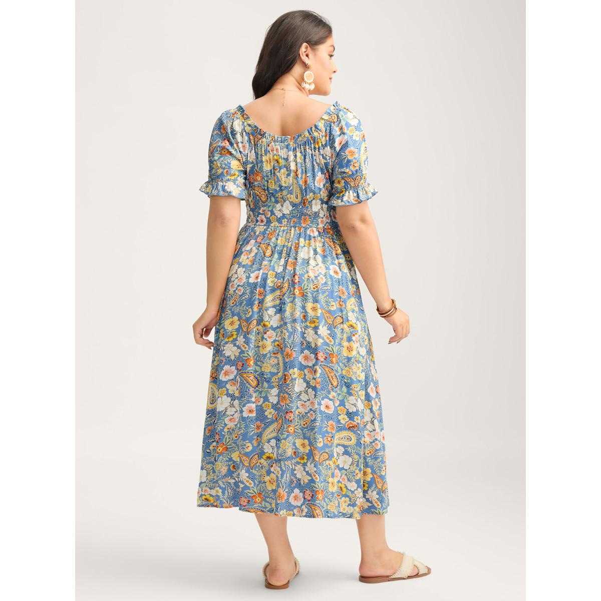 Plus Size Rayon Paisley Ruffled Shirred Waist Midi Dress Skyblue Women Boho Square Neck Short sleeve Curvy BloomChic 22-24/3X Product Image