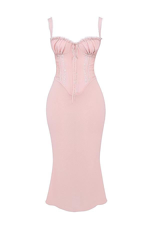 Syrah  soft peach lace back midi dress Product Image