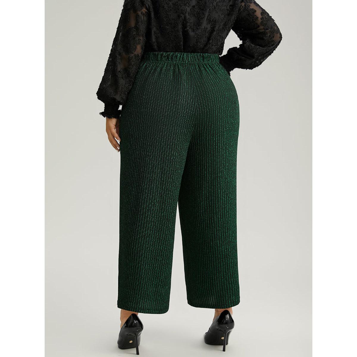 Plus Size Plain Texture Luxe Elastic Waist Straight Leg Pants Women Green Glamour Straight Leg High Rise Festival-Christmas Pants BloomChic 30/6X Product Image