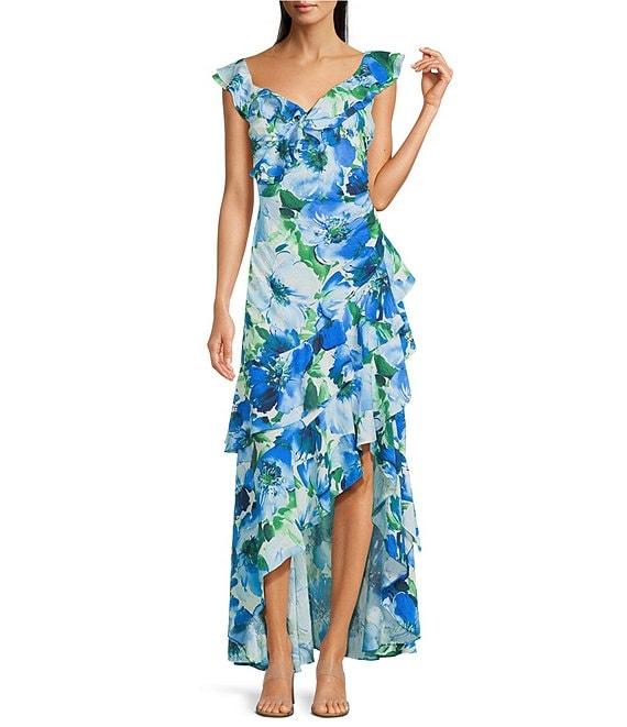 Alex Marie Petite Size Lacey Ruffle Sleeveless V-Neck Floral Asymmetric Hem A-Line Maxi Dress Product Image