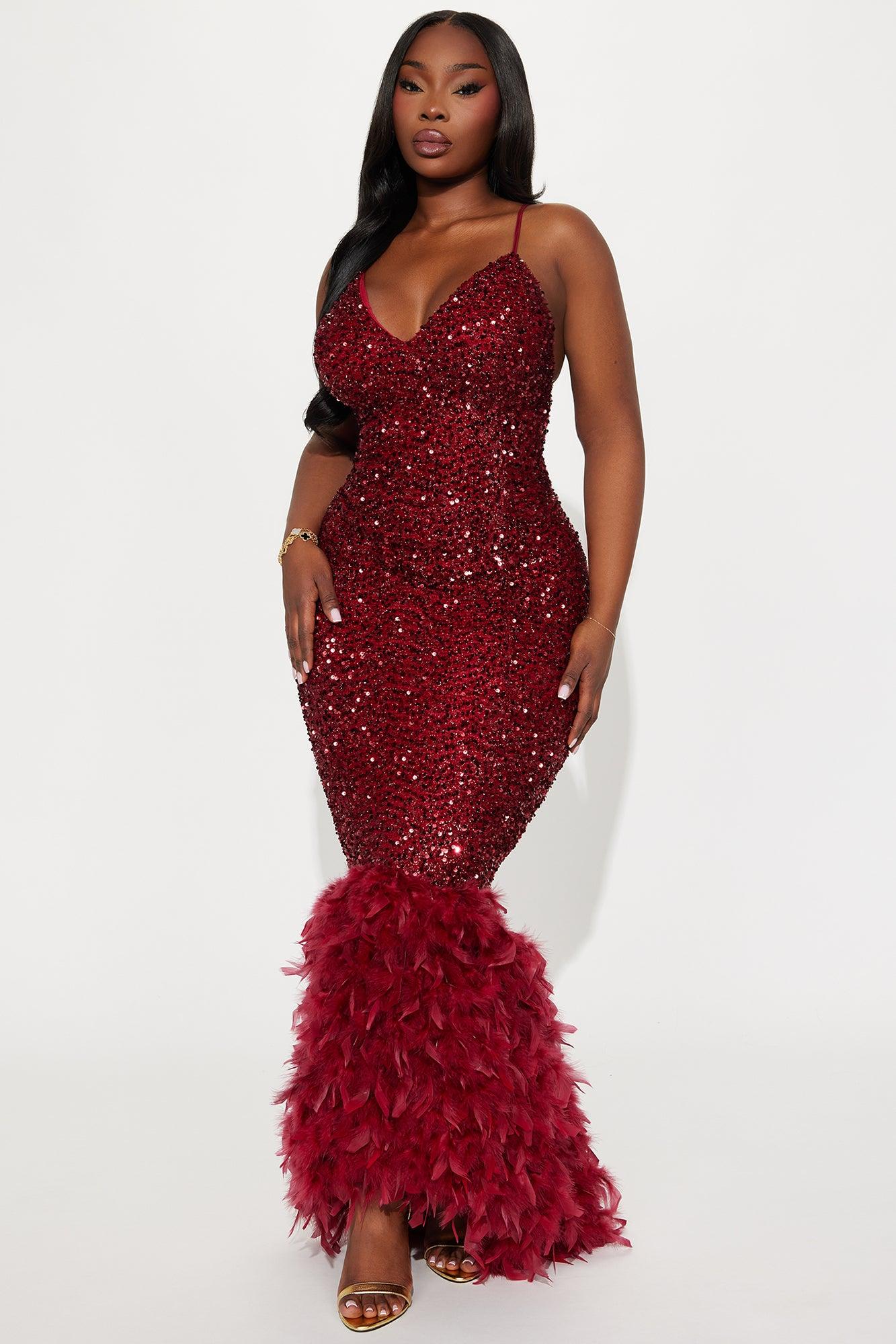 Zoey Spaghetti Strap Feathered Sequin Gown - Wine Female Product Image