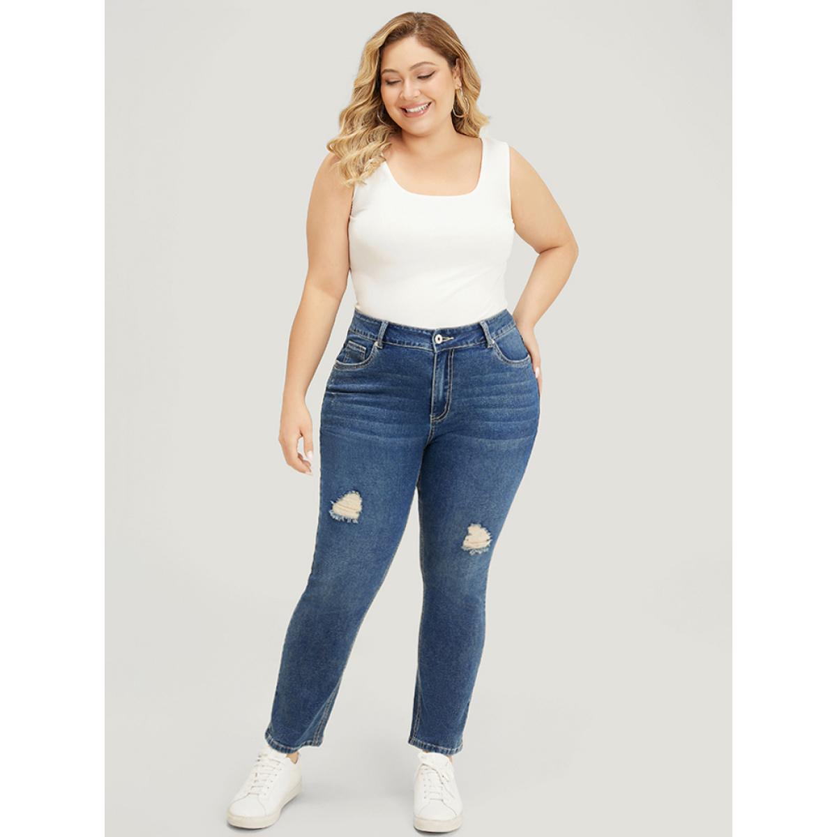 Plus Size Straight Leg Very Stretchy High Rise Medium Wash Jeans Women Indigo Casual Plain Distressed High stretch Pocket Jeans BloomChic 14/1X Product Image