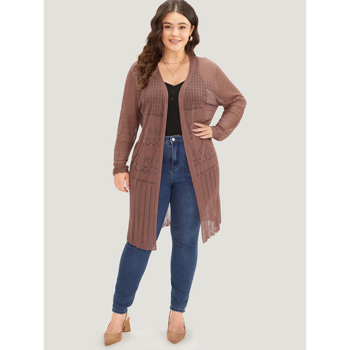 Plus Size Geometric Eyelet Open Front Maxi Cardigan Rust Women Casual Loose Long Sleeve Everyday Cardigans BloomChic 26/4X Product Image