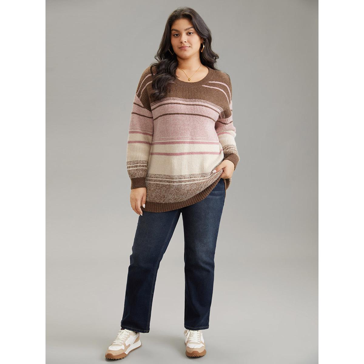 Plus Size Drop Shoulder Heather Colorblock Elastic Cuffs Pullover Multicolor Women Casual Long Sleeve Round Neck Everyday Pullovers BloomChic 10/M Product Image