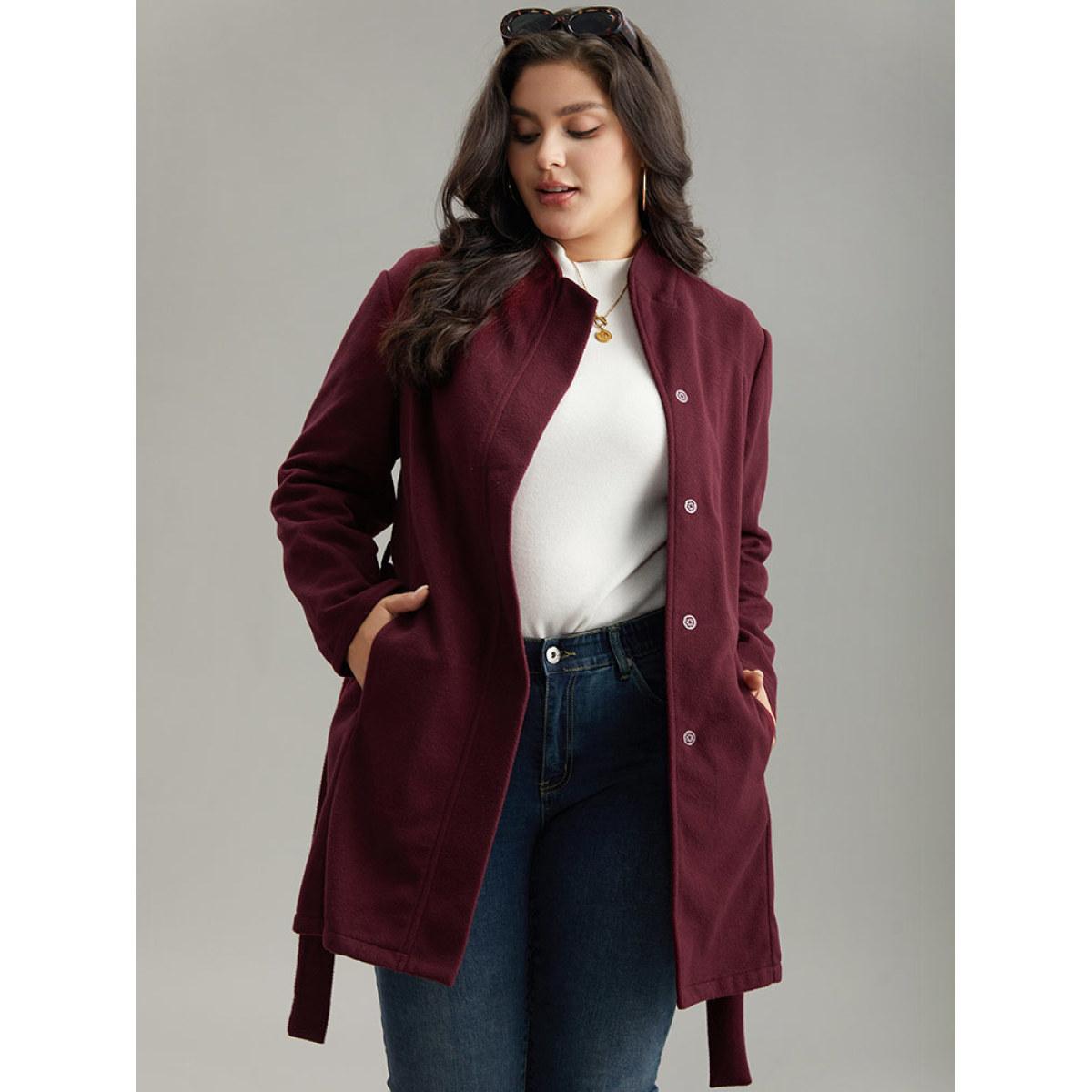 Plus Size Solid Button Fly Stand Collar Belted Pocket Coat Women Burgundy Casual Plain Ladies Everyday Winter Coats BloomChic 26/4X Product Image