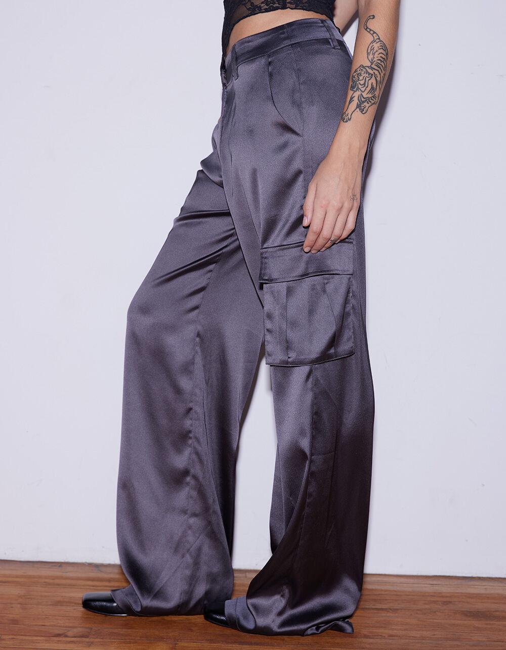 WEST OF MELROSE Womens Satin Cargo Pants - CHARCOAL Product Image