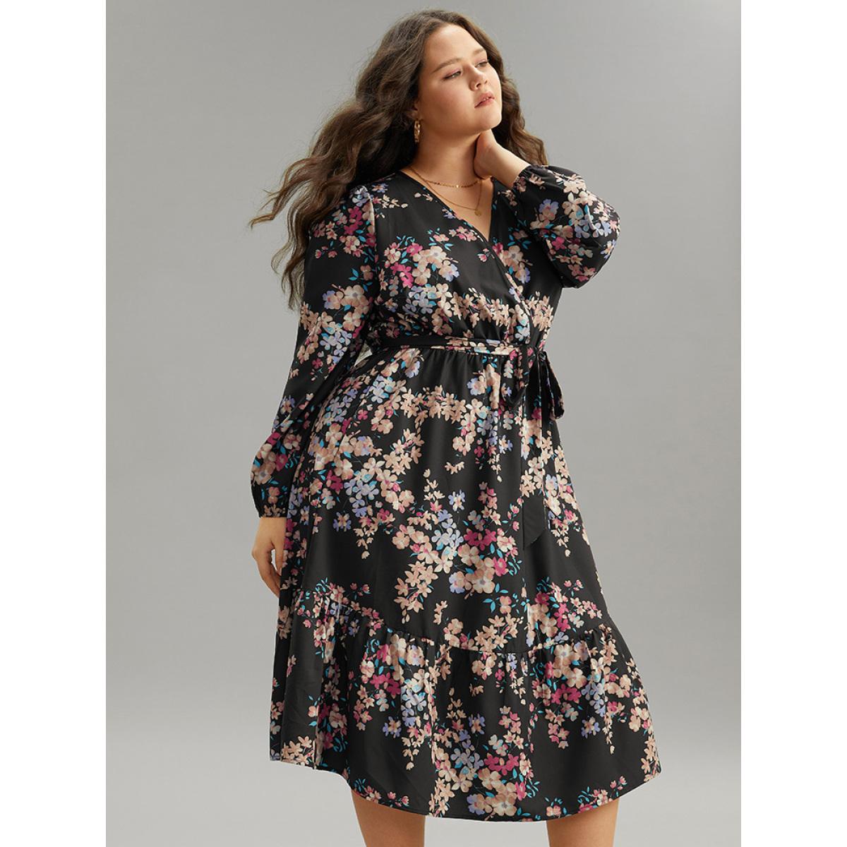 Plus Size Floral Print Overlap Collar Elastic Cuffs Dress Black Women Elegant Elastic cuffs Overlap Collar Long Sleeve Curvy Midi Dress BloomChic 12/L Product Image