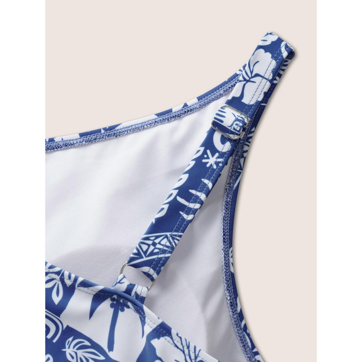 Plus Size Tropical Print Gathered Tie Knot Swim Dress Women's Swimwear Cerulean Beach Bodycon V-neck High stretch Curve Swim Dresses BloomChic 14-16/1X Product Image