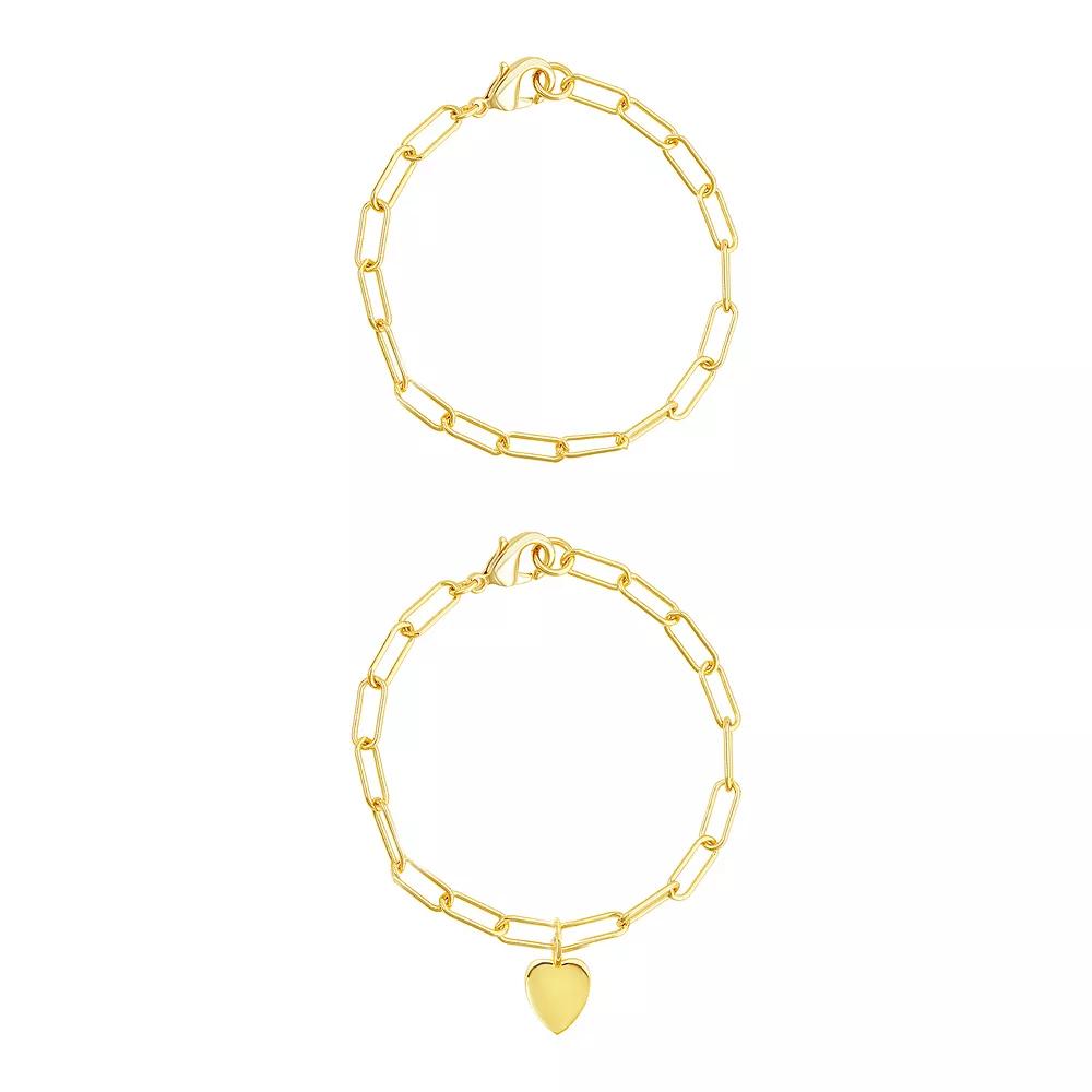 Adornia 14k Gold Plated Heart Paper Clip Chain Duo Set, Women's, Size: 7", Gold Tone Product Image