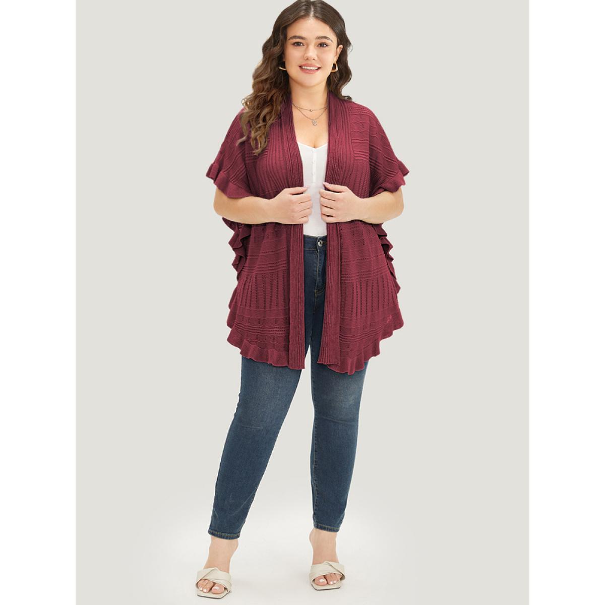 Plus Size Anti-Pilling Plain Ruffles Split Hem Dolman Sleeve Cardigan Scarlet Women Casual Loose Short sleeve Everyday Cardigans BloomChic 28/5X Product Image