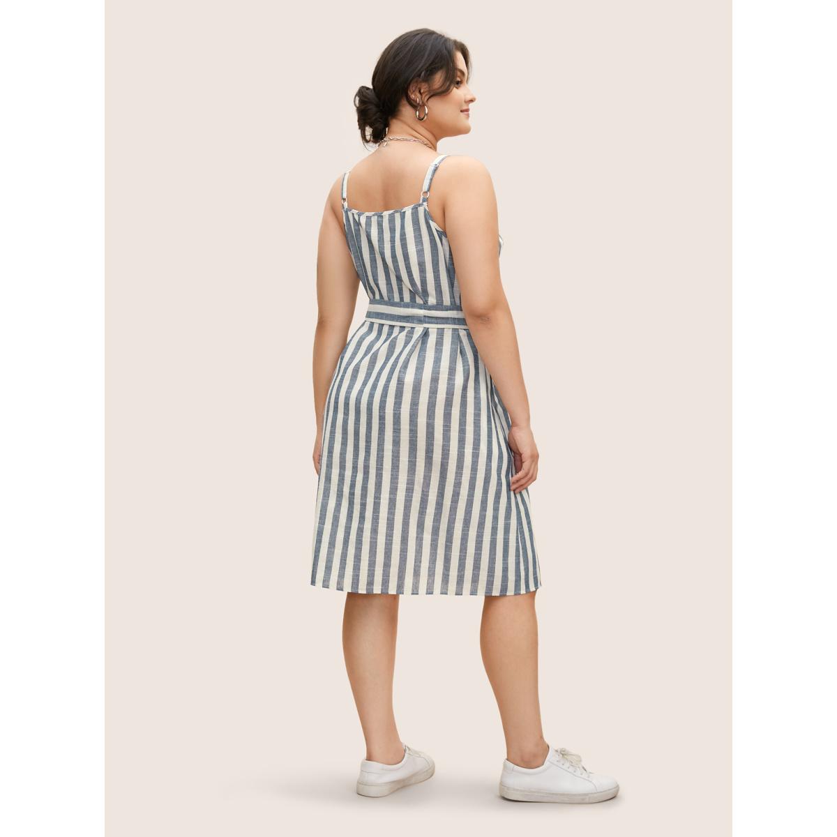 Plus Size Striped Button Detail Belted Cami Dress DarkBlue Women Casual Belted Non Sleeveless Curvy BloomChic 10/M Product Image