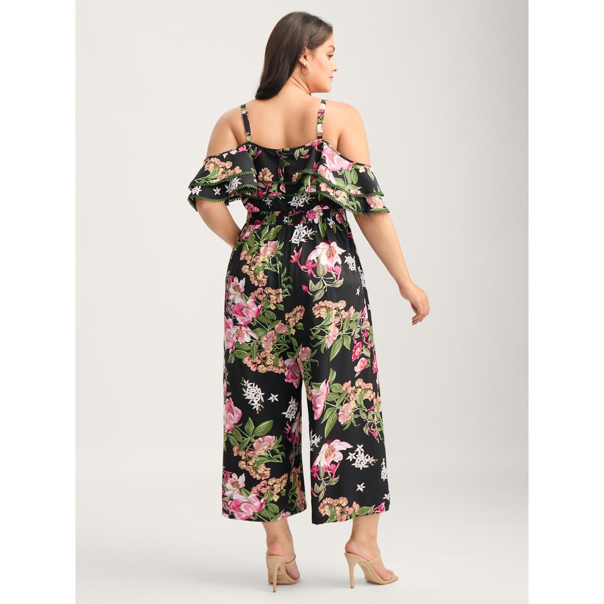 Plus Size Black Floral Print Off-Shoulder Wide-Leg Jumpsuit Women Short sleeve One-shoulder neck Elegant Loose Jumpsuits BloomChic 30/6X Product Image