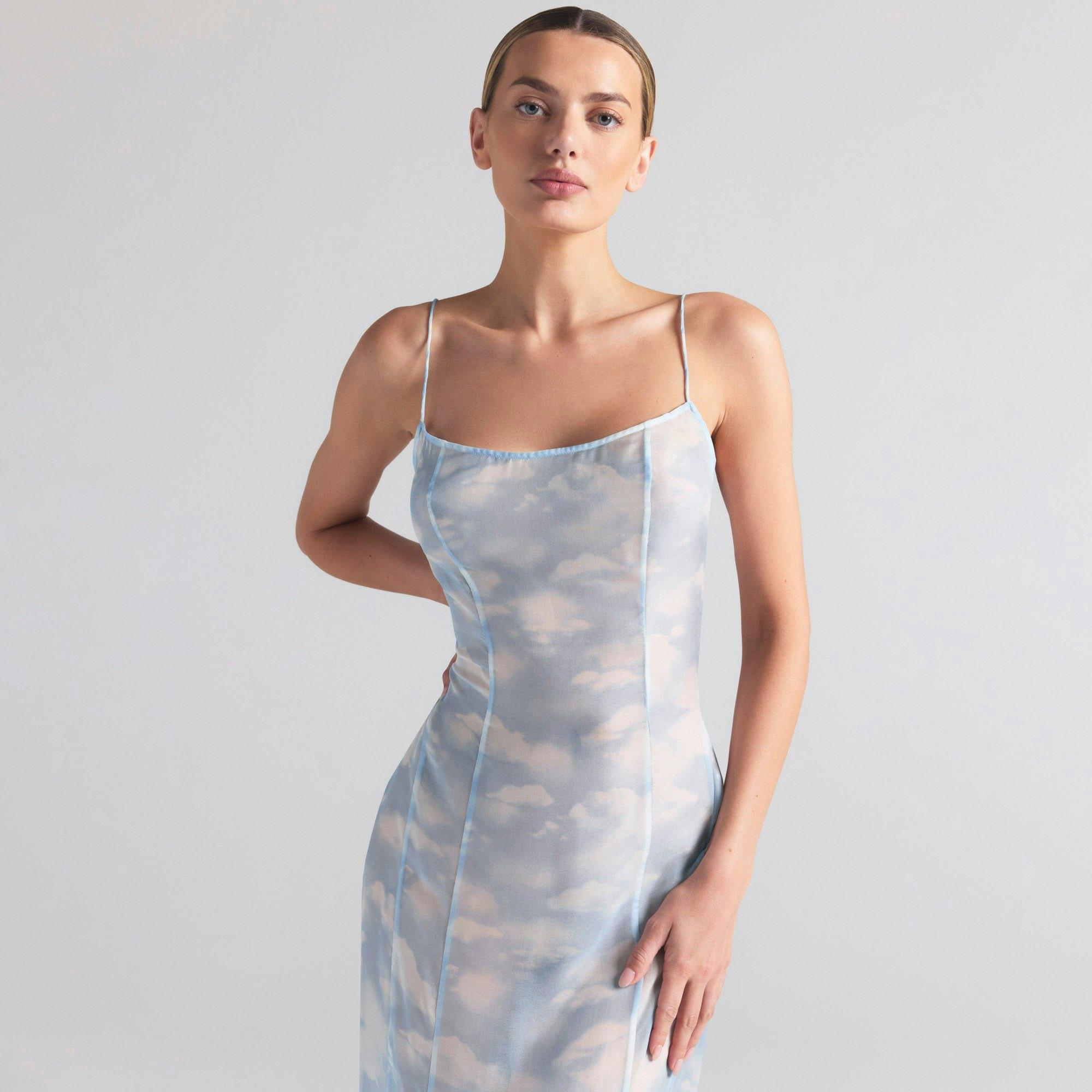 SKIMS ROMANCE LONG SLIP DRESS | BLUE QUARTZ CLOUD PRINT Product Image