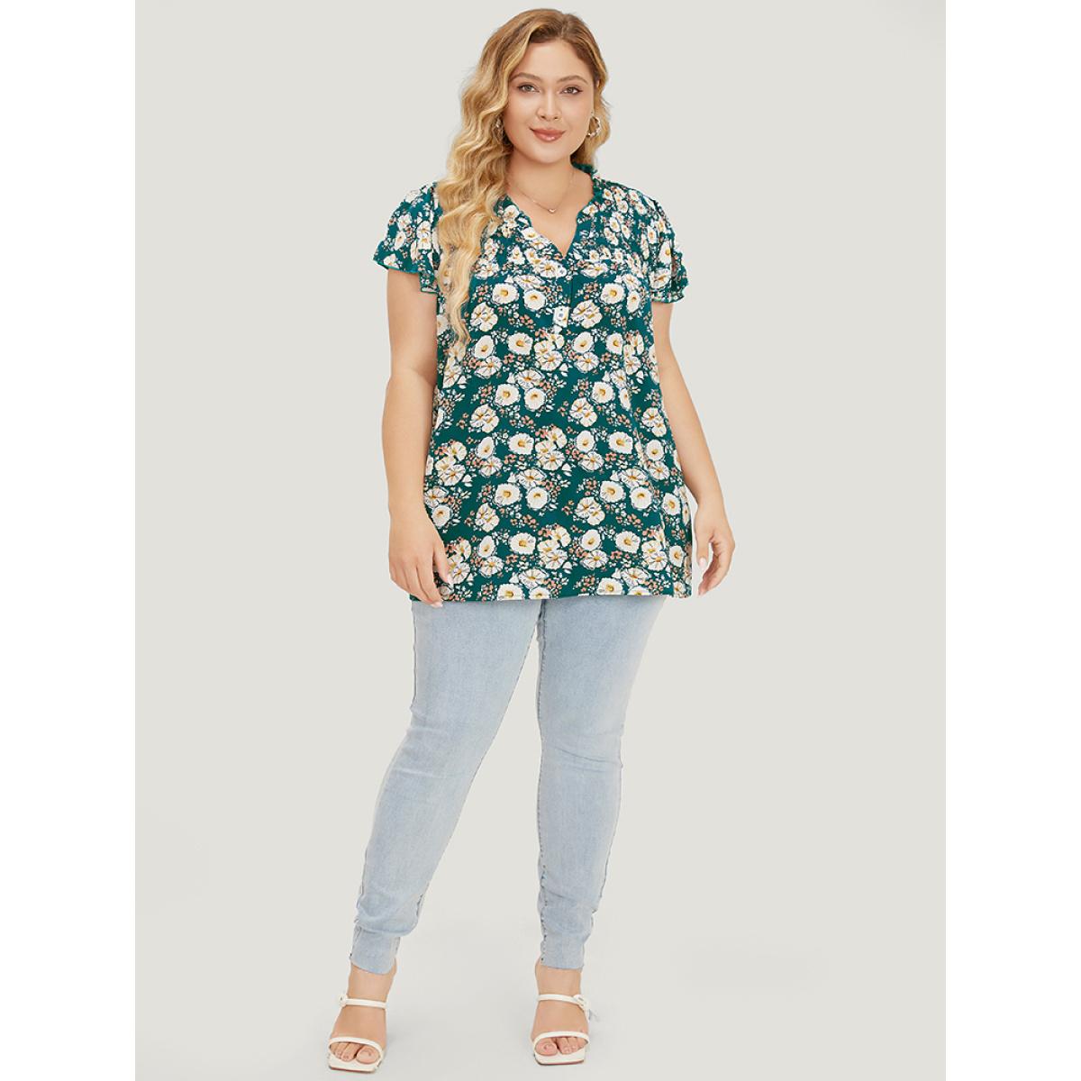 Plus Size Cerulean Floral Ruffle Sleeve Shirred Button Up Frill Trim Blouse Women Elegant Short sleeve V-neck Dailywear Blouses BloomChic 12/L Product Image