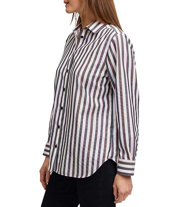 Foxcroft Frankie Stripe Collared Neckline Long Sleeve Top Product Image