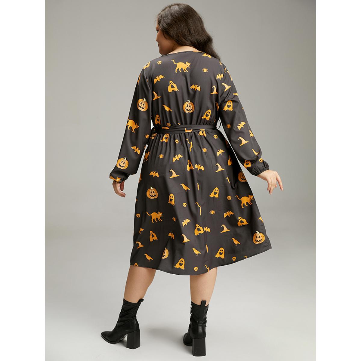 Plus Size Halloween Pumpkin & Bat Print Wrap Lantern Sleeve Dress Black Women Office Elastic cuffs Overlap Collar Long Sleeve Curvy Midi Dress BloomChic 30/6X Product Image