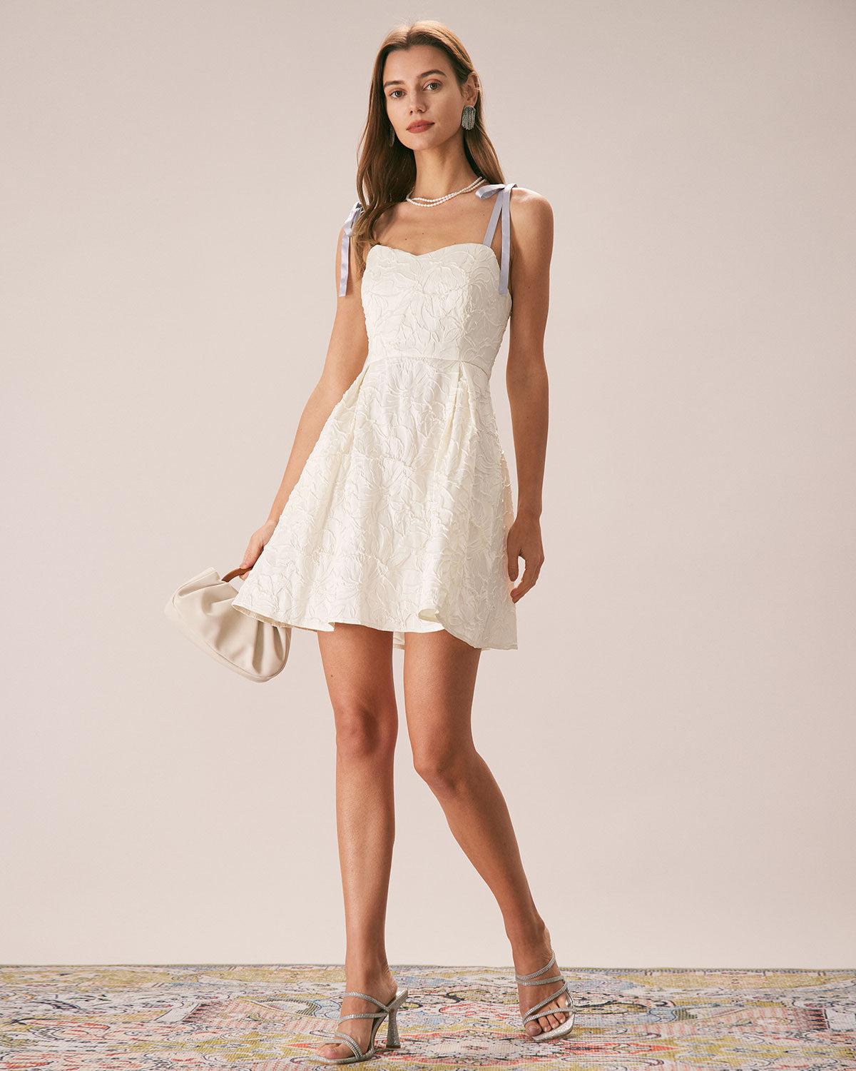 The Off White Jacquard Tie Strap Mini Dress Product Image