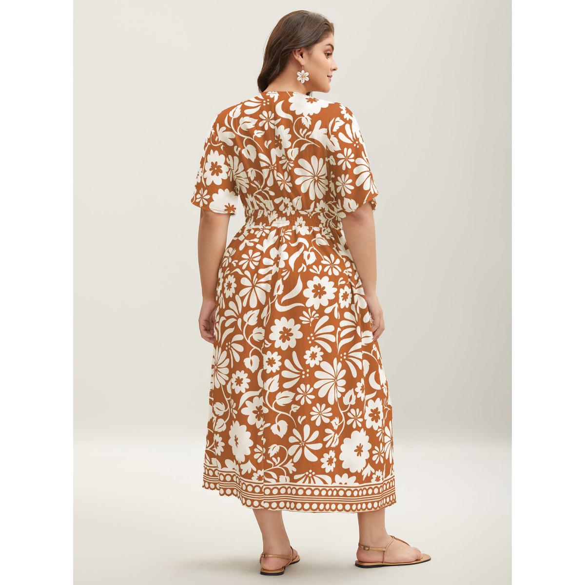 Plus Size Large Floral Print Pockets Midi Dress OrangeRed Women Slit V-neck Short sleeve Curvy BloomChic 26/4X Product Image