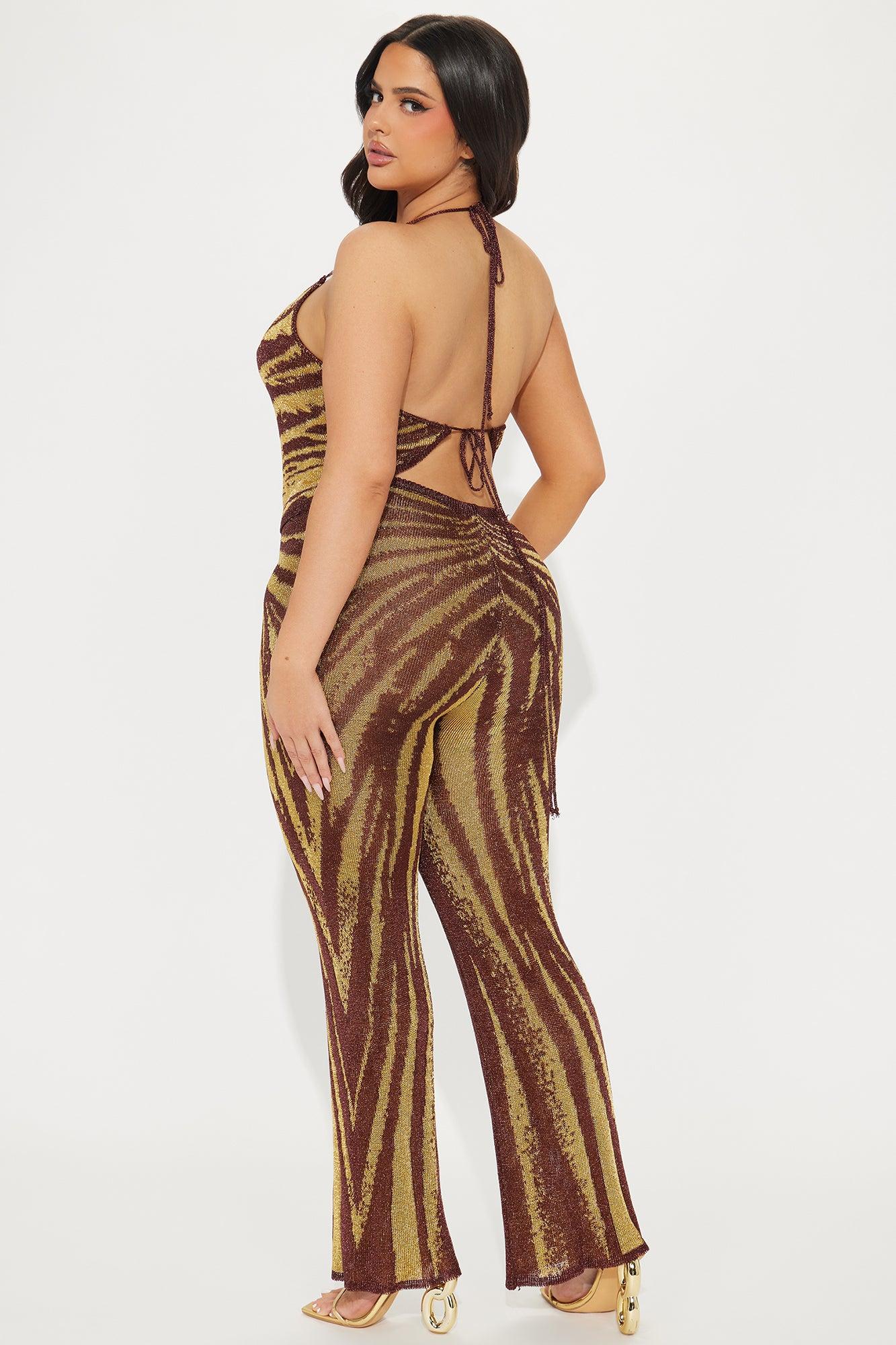 Mia Metallic Crochet Pant Set - Brown/combo Product Image