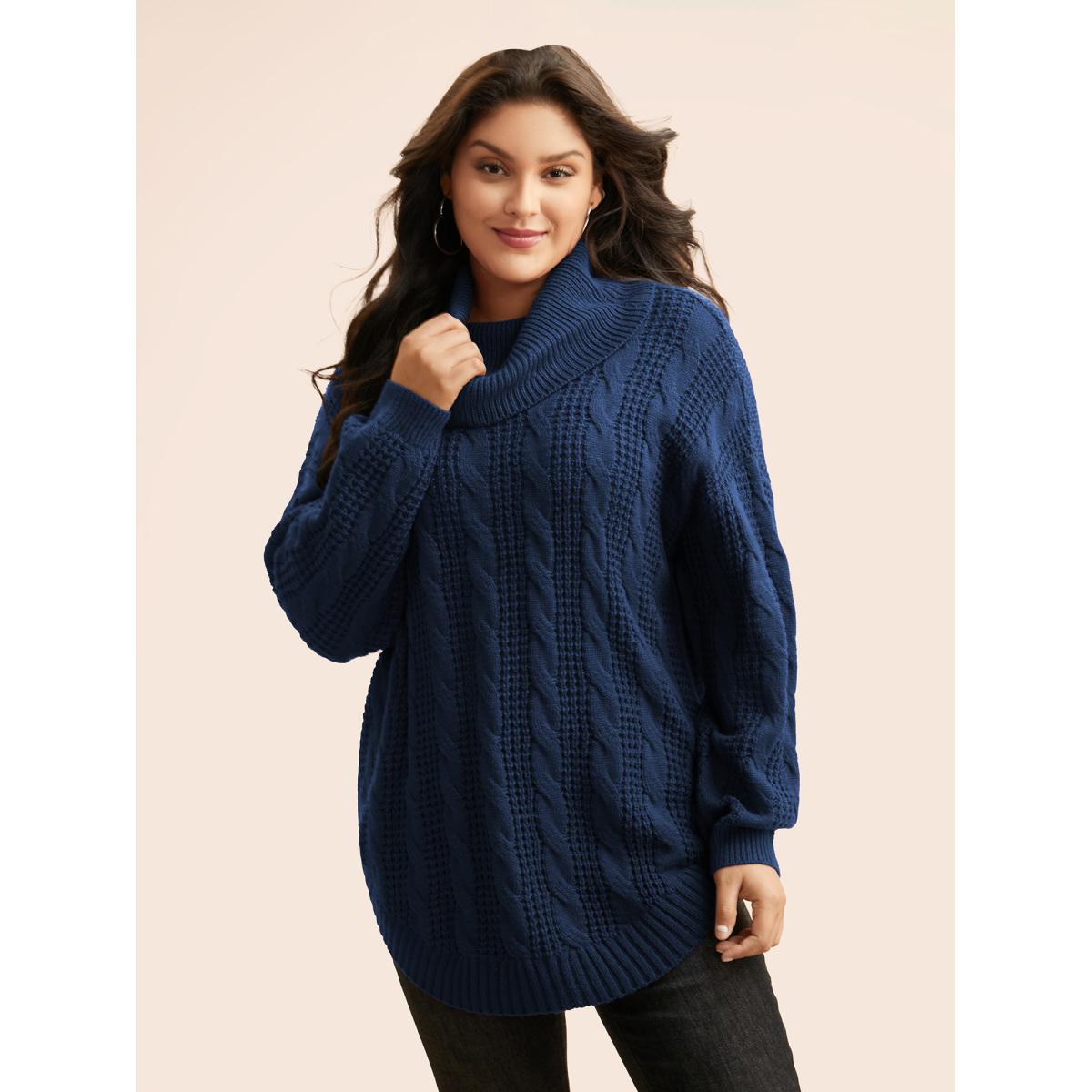 Plus Size Turtleneck Cable Knit Curved Hem Pullover Burgundy Women Leisure Loose Long Sleeve Turtleneck Casual Pullovers BloomChic 28/5X Product Image