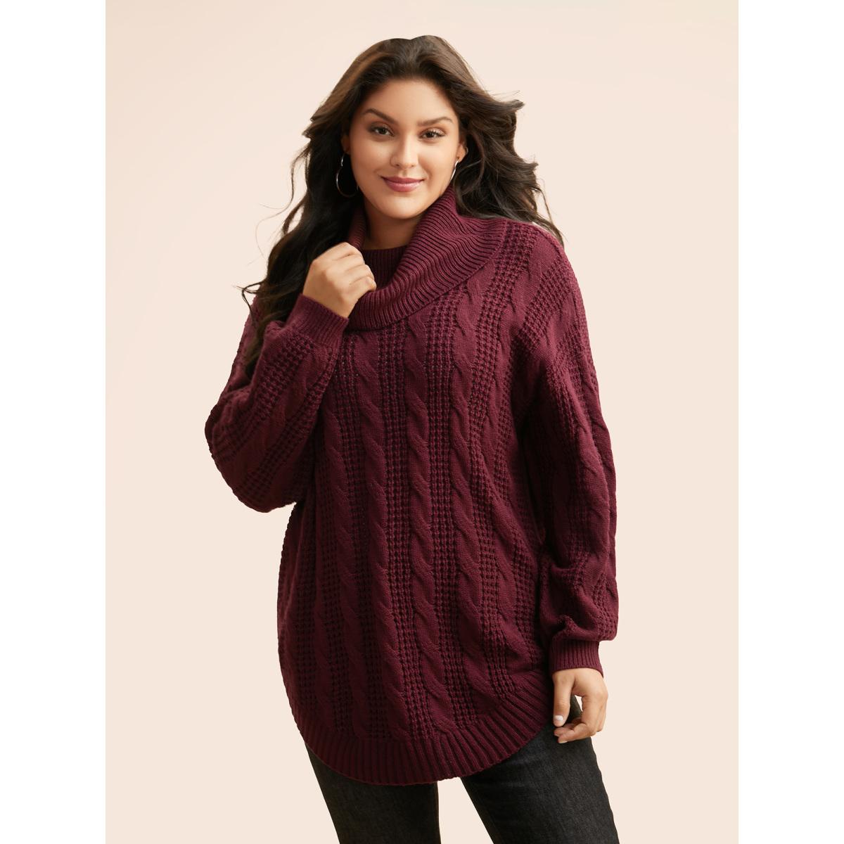 Plus Size Turtleneck Cable Knit Curved Hem Pullover Burgundy Women Leisure Loose Long Sleeve Turtleneck Casual Pullovers BloomChic 28/5X Product Image