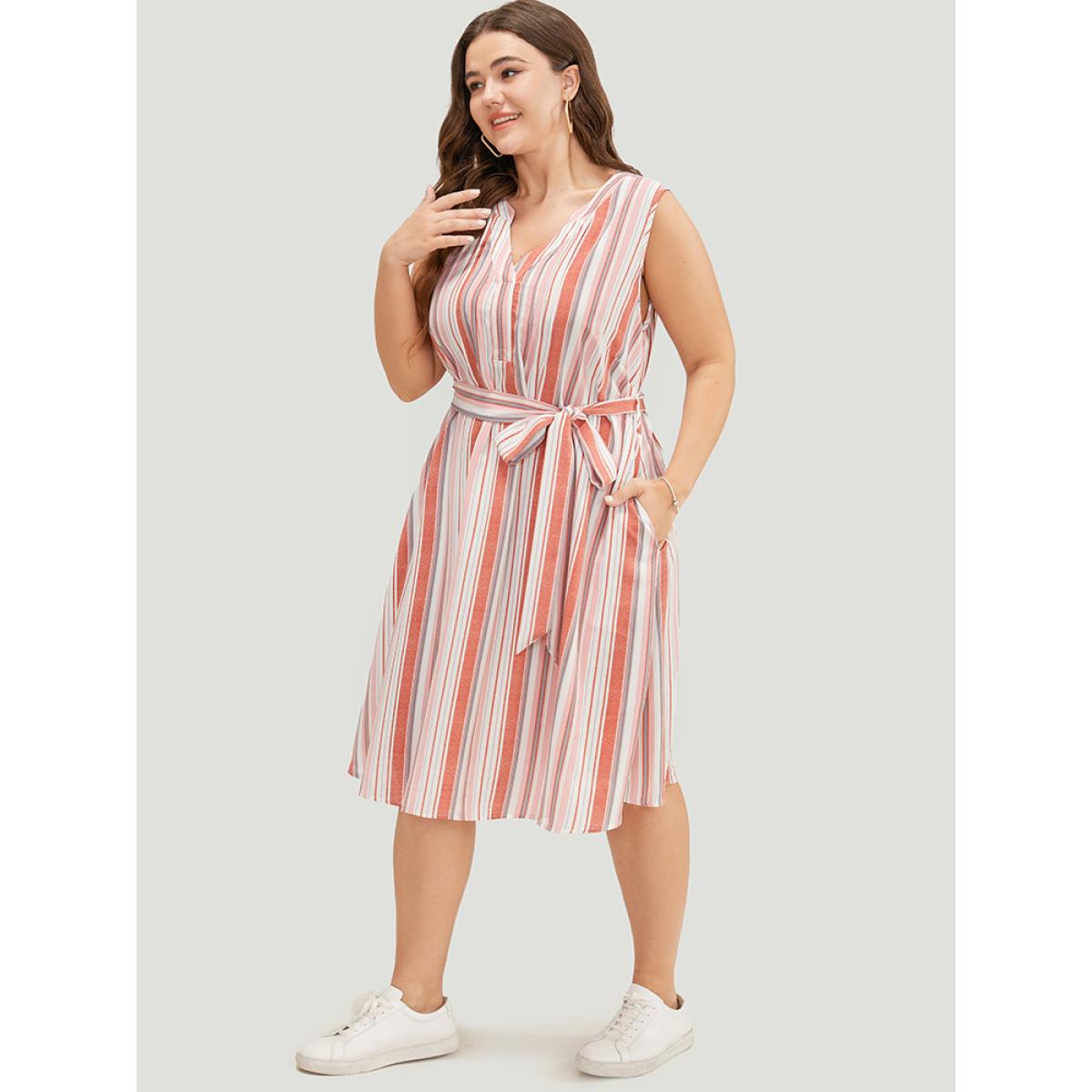 Plus Size Striped Contrast Belted Pocket Notched Tank Dress Multicolor Women Casual Contrast Notched collar Sleeveless Curvy Midi Dress BloomChic 18-20/2X Product Image