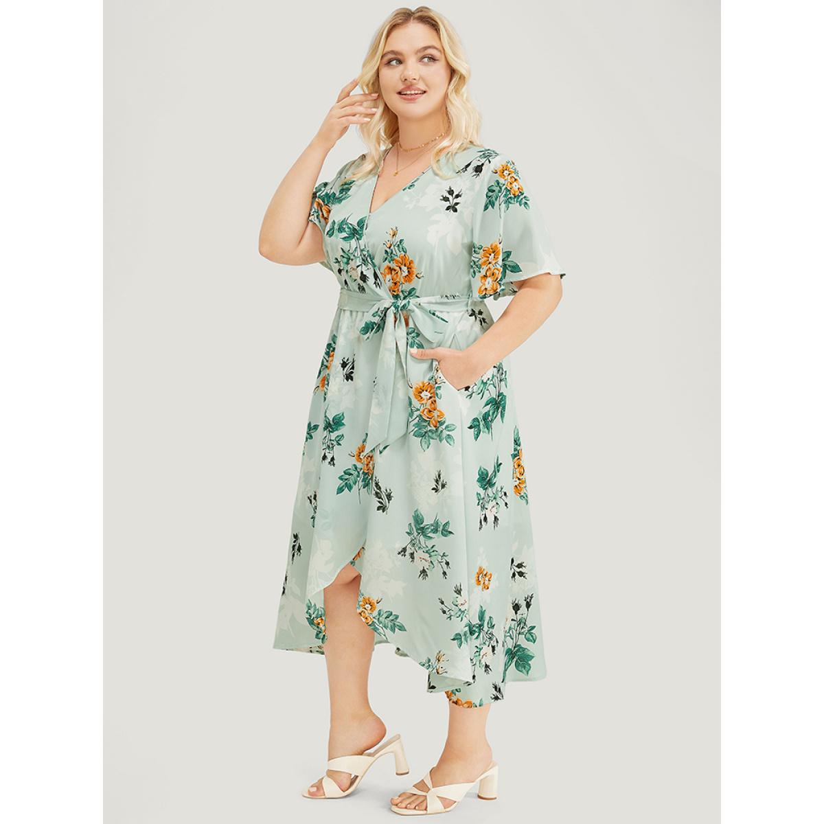 Plus Size Floral Pocket Ruffle Sleeve Wrap Belt Asymmetrical Hem Dress LightGreen Women Elegant Cross straps V-neck Short sleeve Curvy Midi Dress BloomChic 30/6X Product Image