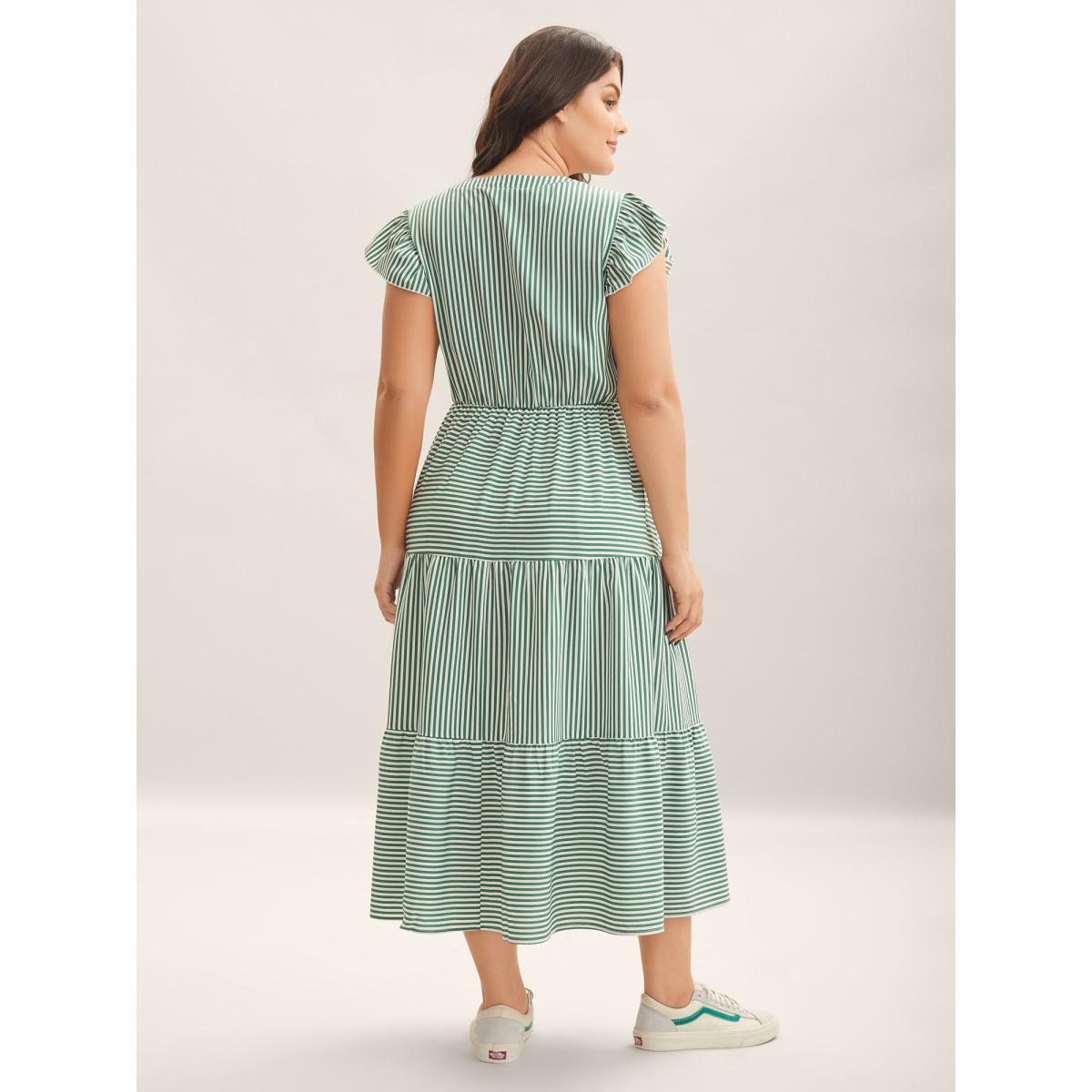 Plus Size Breezy Stripes Tiered Maxi Dress Emerald Women Flat collar with V-notch Cap Sleeve Curvy BloomChic 14-16/1X Product Image
