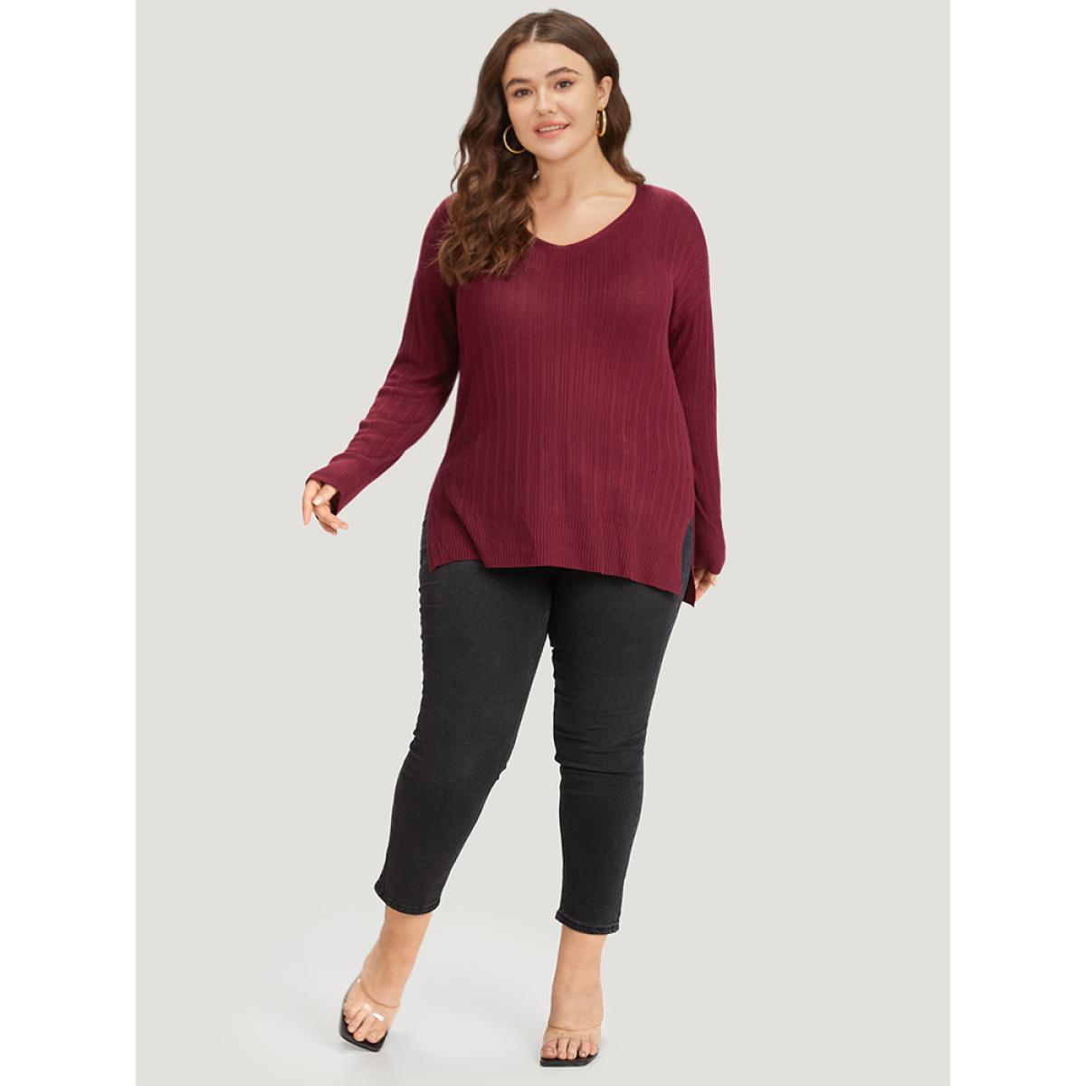Plus Size Supersoft Essentials Plain Rib Knit Split Side Pullover Burgundy Women Casual Bodycon Long Sleeve Round Neck Dailywear Pullovers BloomChic 18-20/2X Product Image