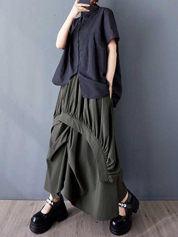 A-Line Loose Asymmetric Elasticity Pleated Pockets Solid Color Skirts Bottoms Product Image