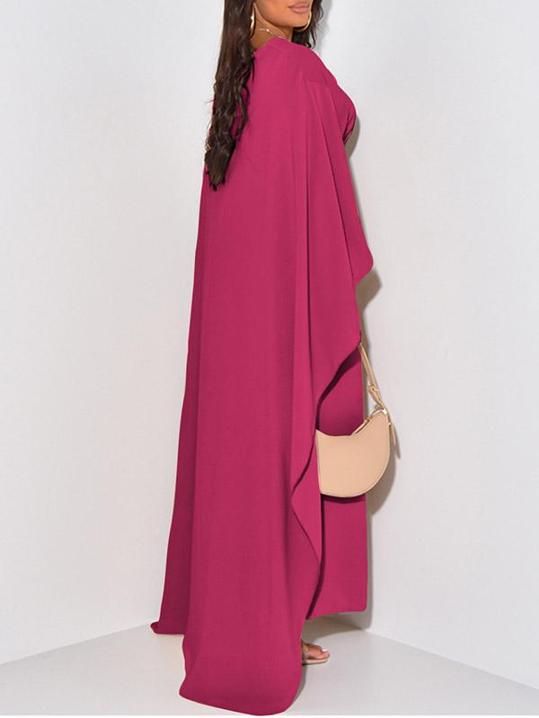 High-Low Long Sleeves Solid Color Round-Neck Maxi Dresses Product Image
