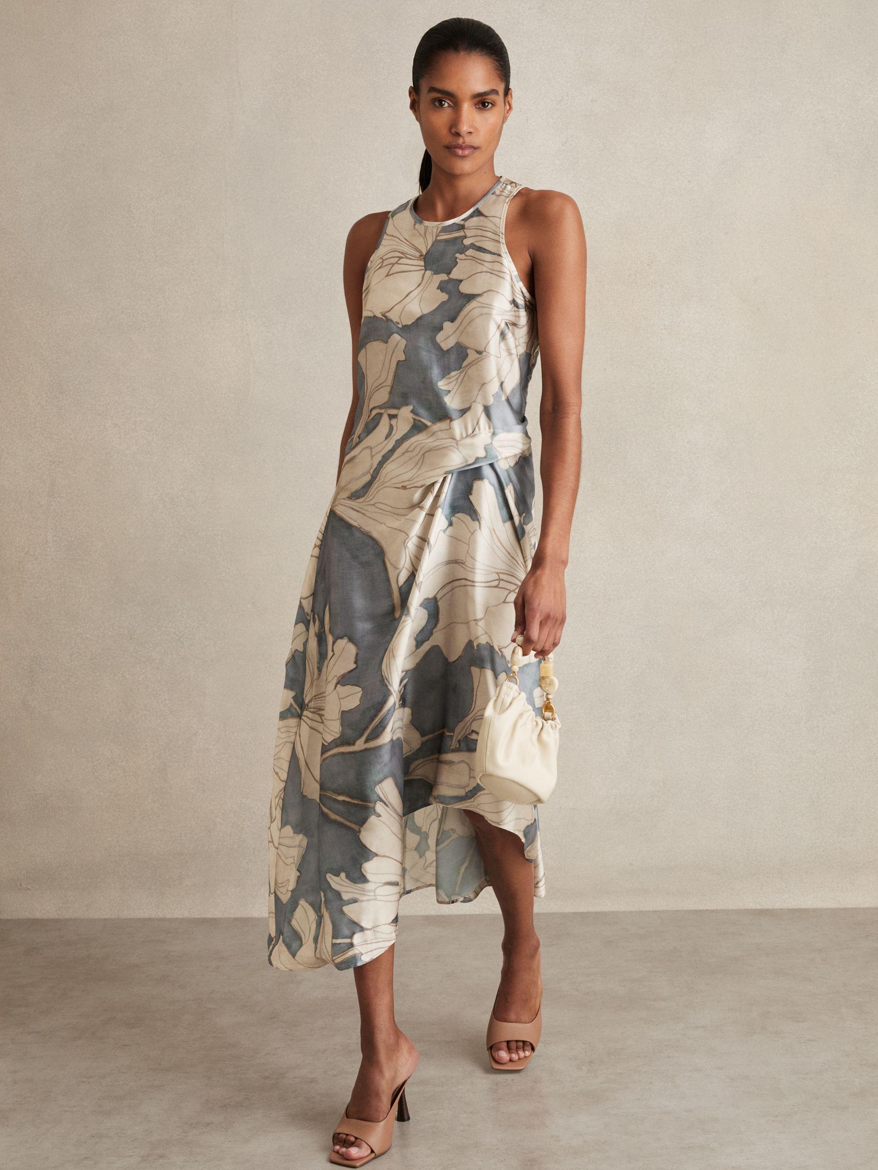 Satin Floral Drape Midi Dress in Blue Product Image