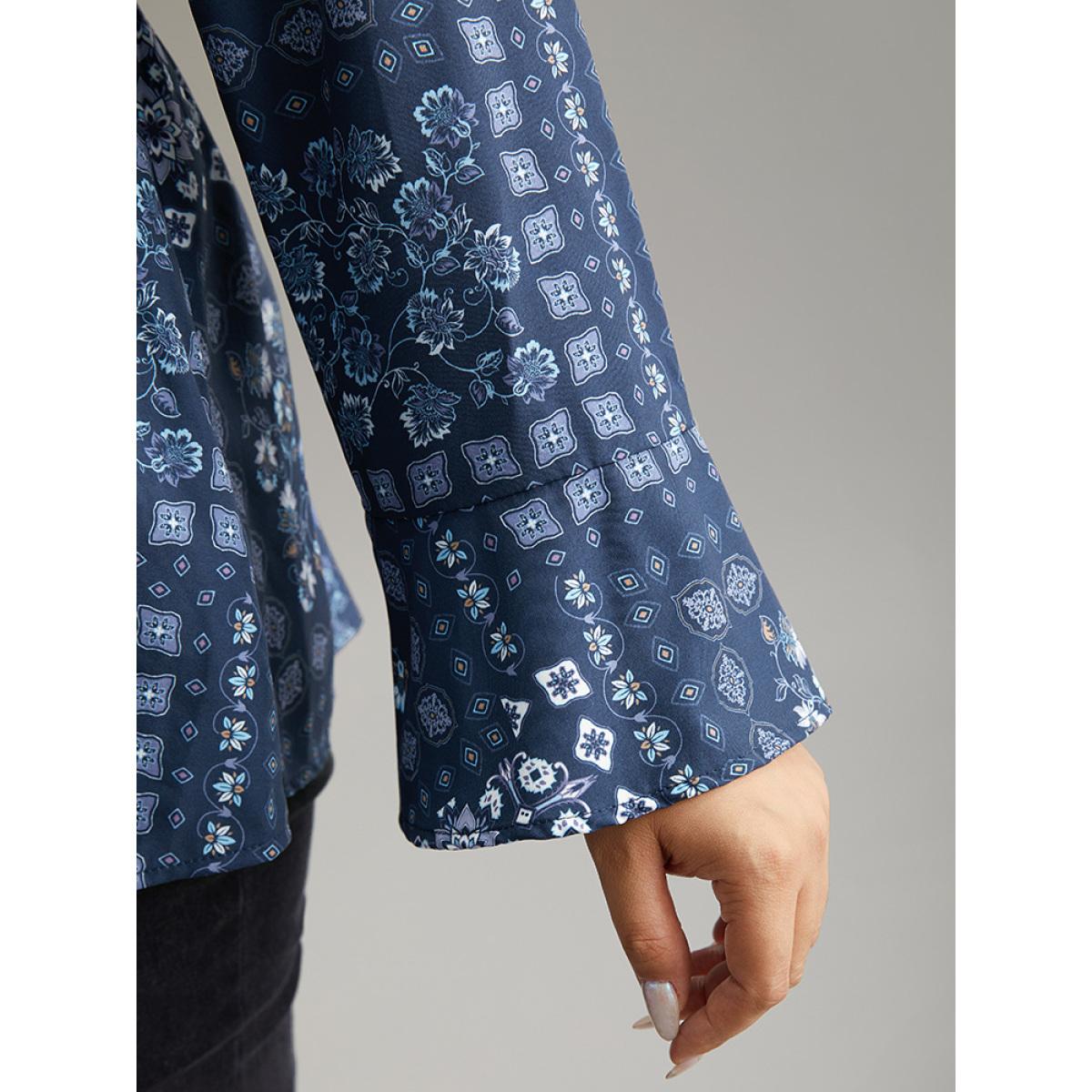 Plus Size Stone Bandana Print Bowknot Frill Trim Blouse Women Elegant Long Sleeve V-neck Dailywear Blouses BloomChic 26/4X Product Image