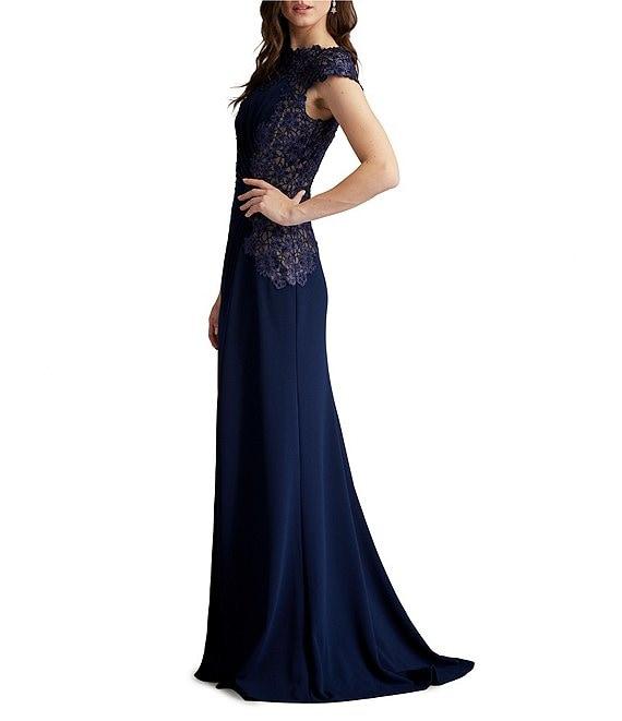 Tadashi Shoji Crepe Floral Embroidered Boat Neck Cap Sleeve Pleated Gown Product Image