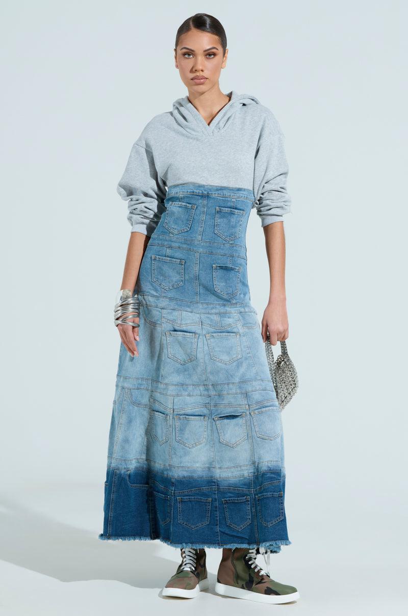 DENIM ON DENIM LAYERED MAXI DRESS WITH HOOD Product Image