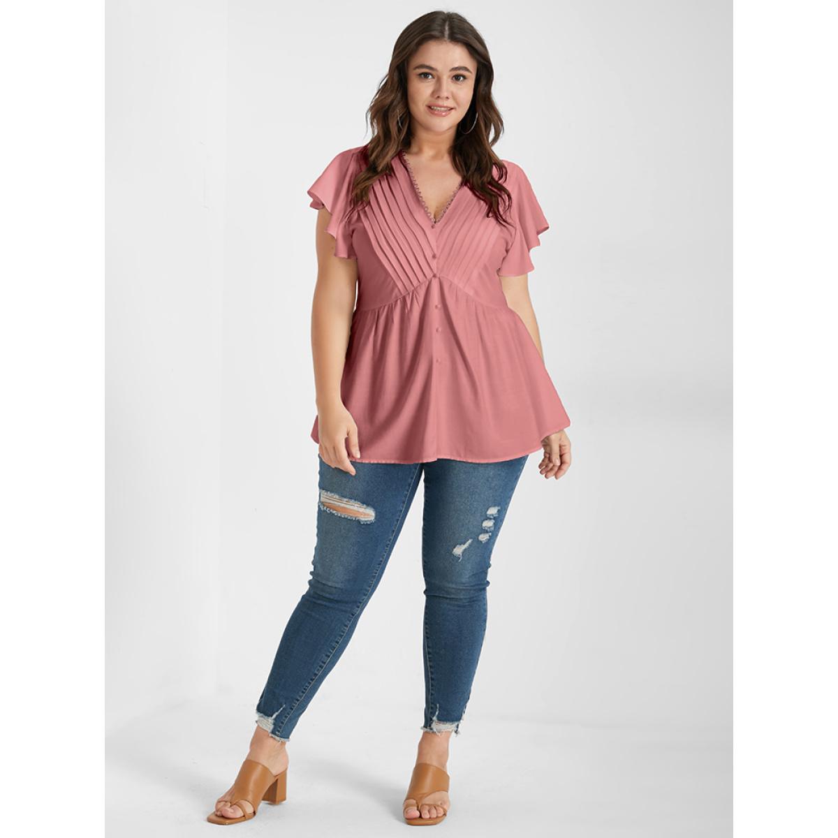 Pleated Flutter Sleeve Plain Plus Size Women Dailywear Blouses Short Sleeve V Neck Elegance Blouses BloomChic Product Image