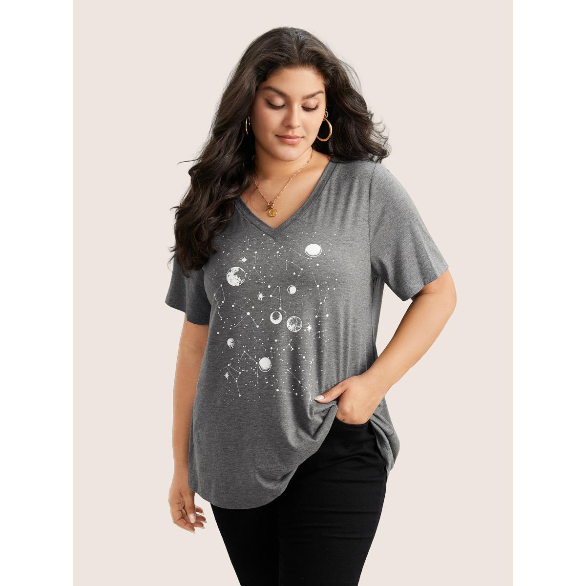 Plus Size Moon and Star Print V Neck T-shirt DimGray Women Casual Non Star and moon V-neck Everyday T-shirts BloomChic 28/5X Product Image